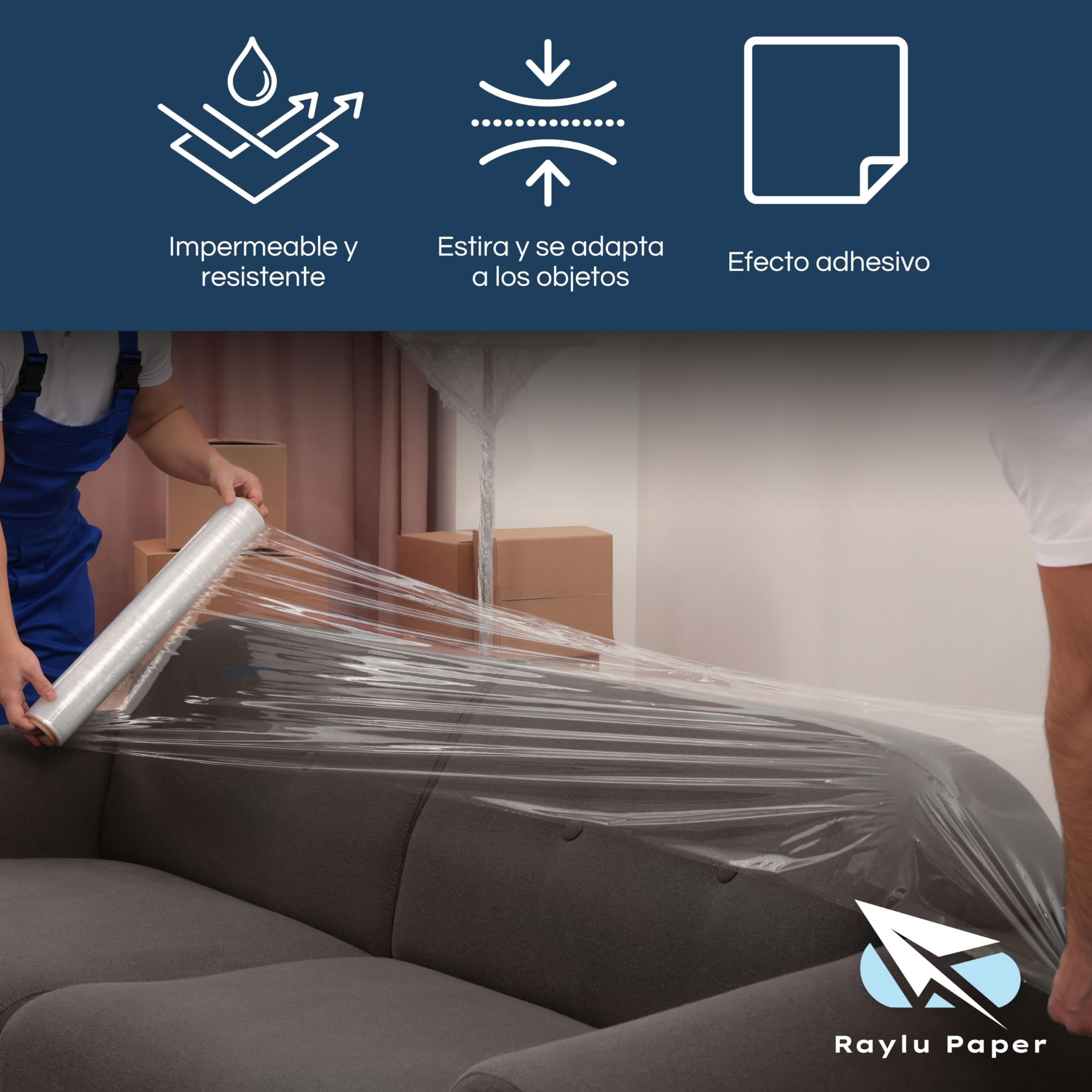 RAYLU PAPER - Film para Embalaje Industrial y para Paletizar, Rollo de Papel Film Resistente de Plástico con Alta Elasticidad para Mudanzas y Envíos (Transparente, 1 unidad ECO)