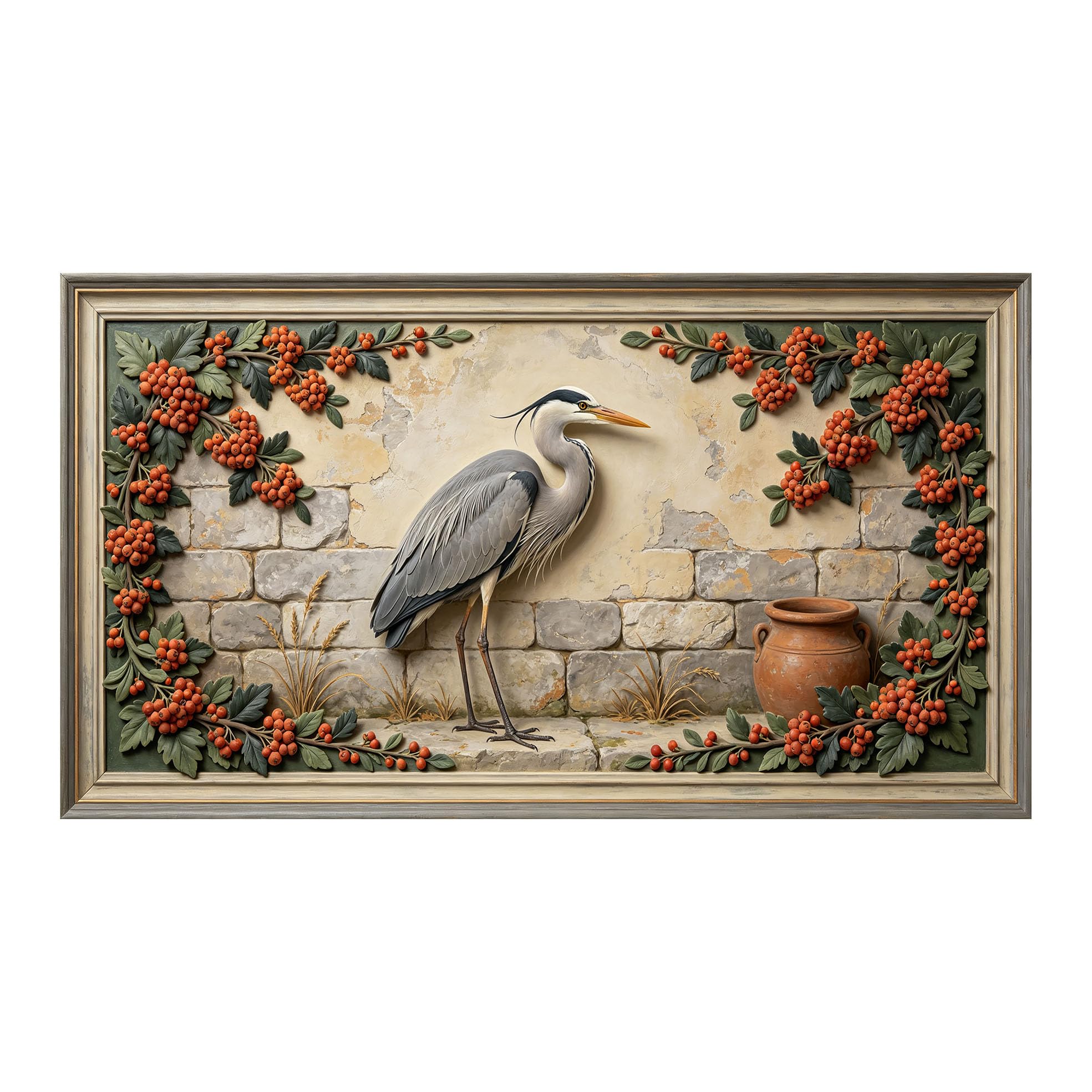 Yzpallescene 3D 3D Framed Wall Art 50cm×90cm Rustic Garden Heron Relief Effect Large Size SelfAdhesive Removable Wall Decor Prints Artwork for Living Room Bedroom Office