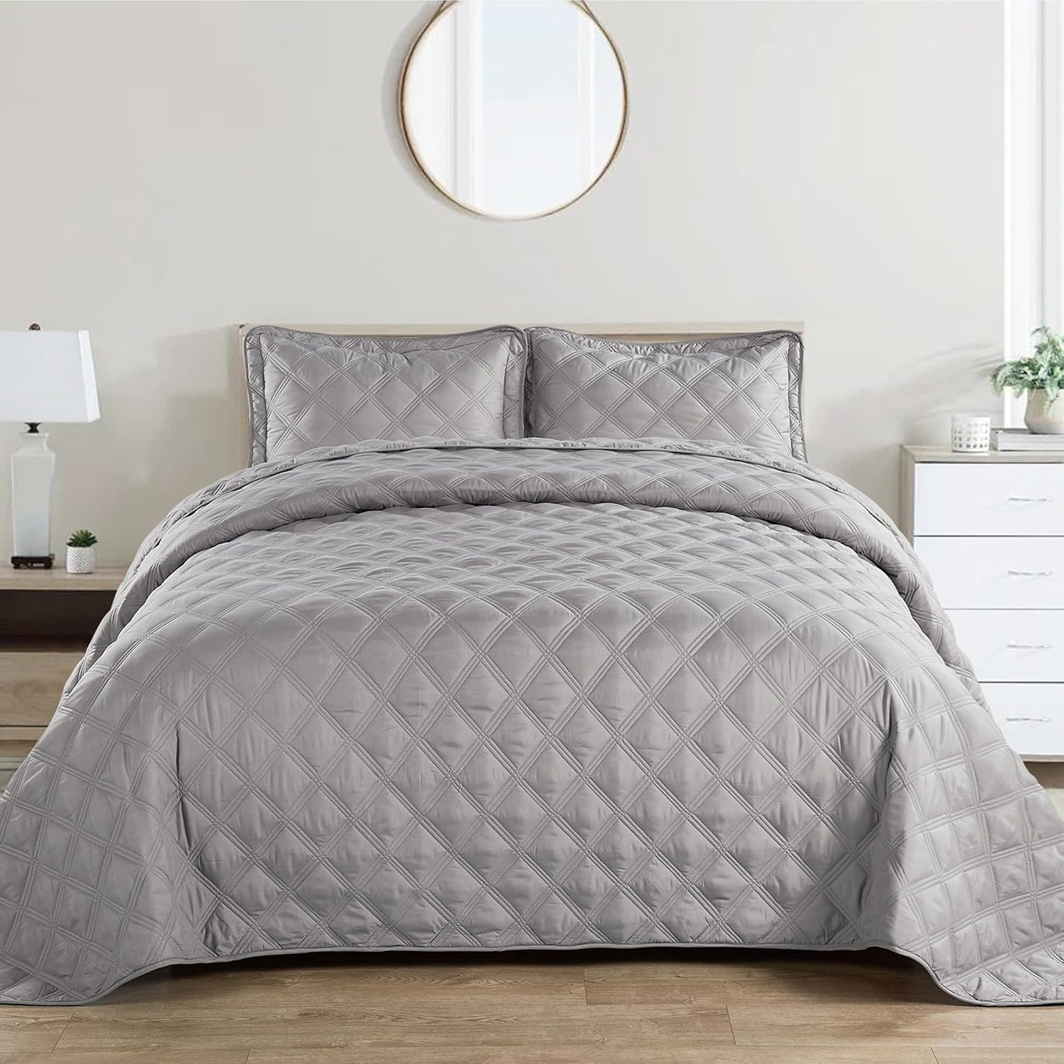 HESTIN 3 Piece Diamond Pattern Down Alternative Quilts Modern Style Bedspread Set Microfiber Lightweight Coverlet Solid Color Bedding Set with Beautiful Stitching for All Season, 80" x 106", Blue