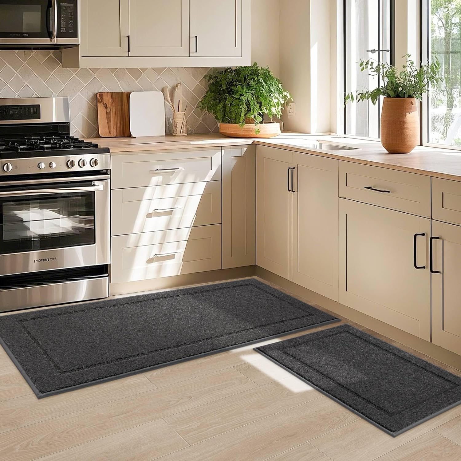 JSEI Non-Slip Kitchen Mats, Self Adhesive No Sliding Kitchen Rugs Set of 2, Washable Absorbent Floor Mat for Kitchen, Bathroom, Laundry Room, Bedroom, 20x32+20x48, Dark Grey, Rectangular Pattern