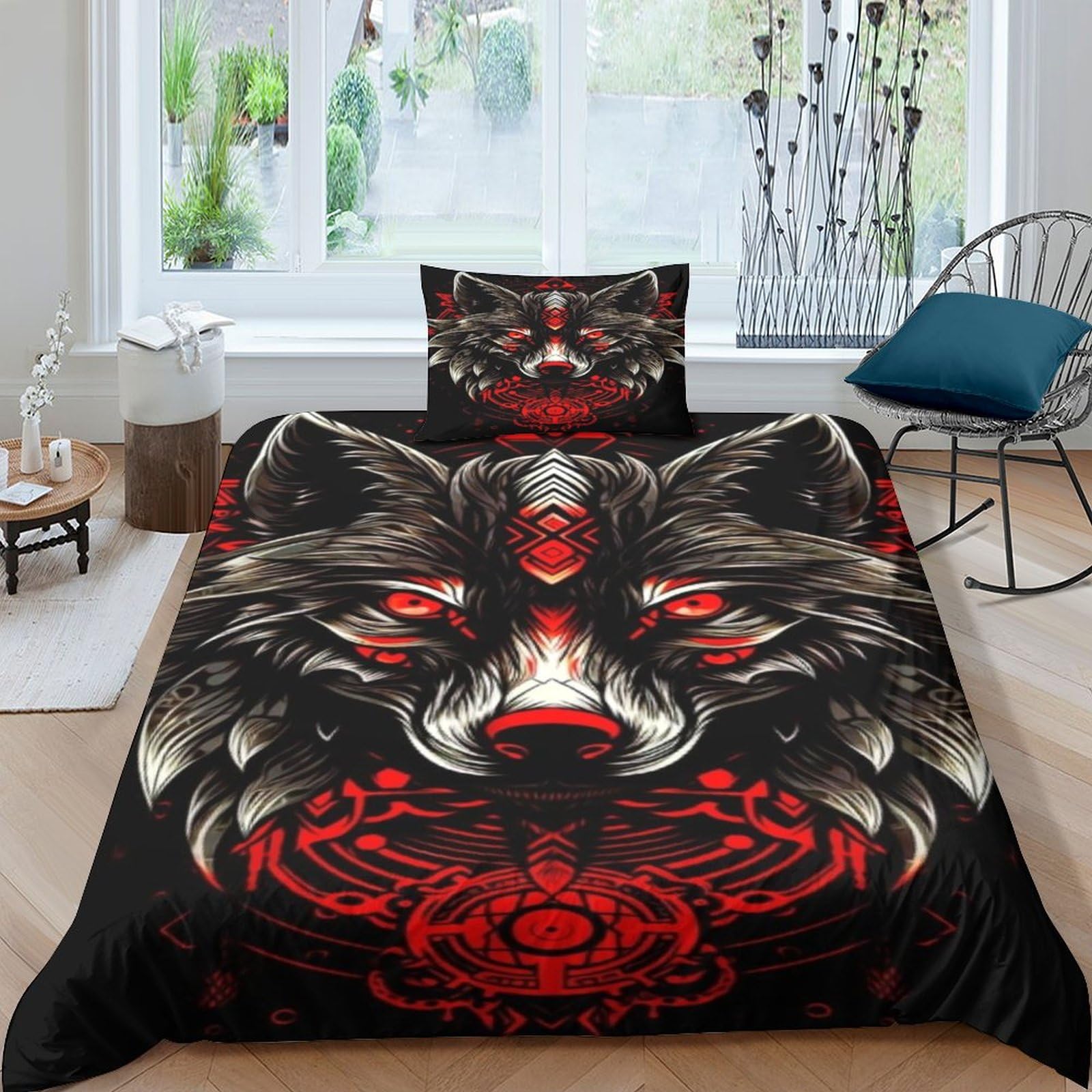 XHSMSHWY Enchanted Wolf Comforter Covers Quilt Cover 3D Printed Sacred Animals for Boys Girls Duvet Cover Bedding Set with Zipper Closure Soft Microfiber with Pillow Cases 3 Pieces Single（135x200cm）
