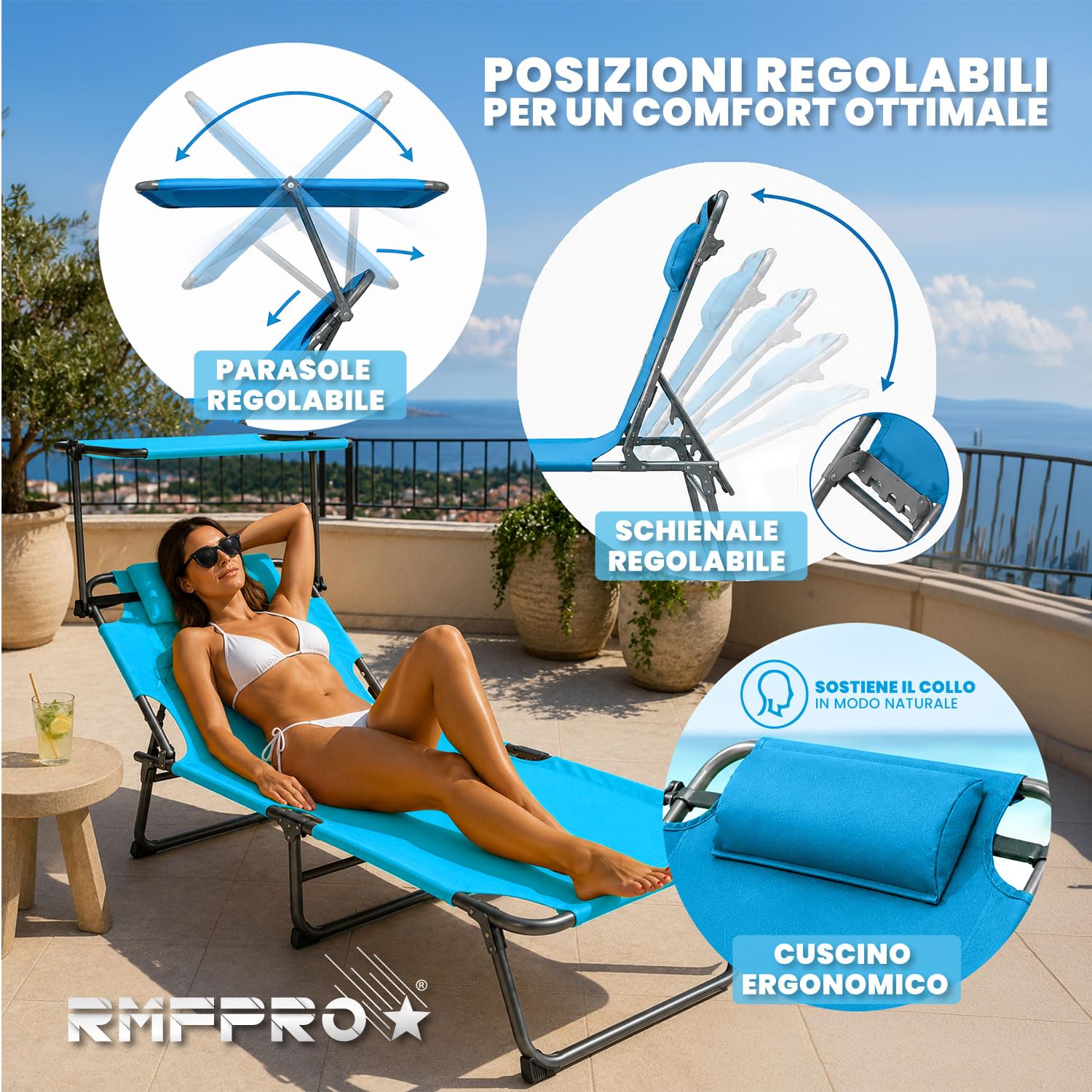 Set 2 Lettini Prendisole da Giardino o Spiaggia con Parasole, Lettino Mare Regolabile in 4 Posizioni - Struttura in Acciao Sdraio da Giardino Pieghevole Portatile, Cuscino Poggiatesta Blu