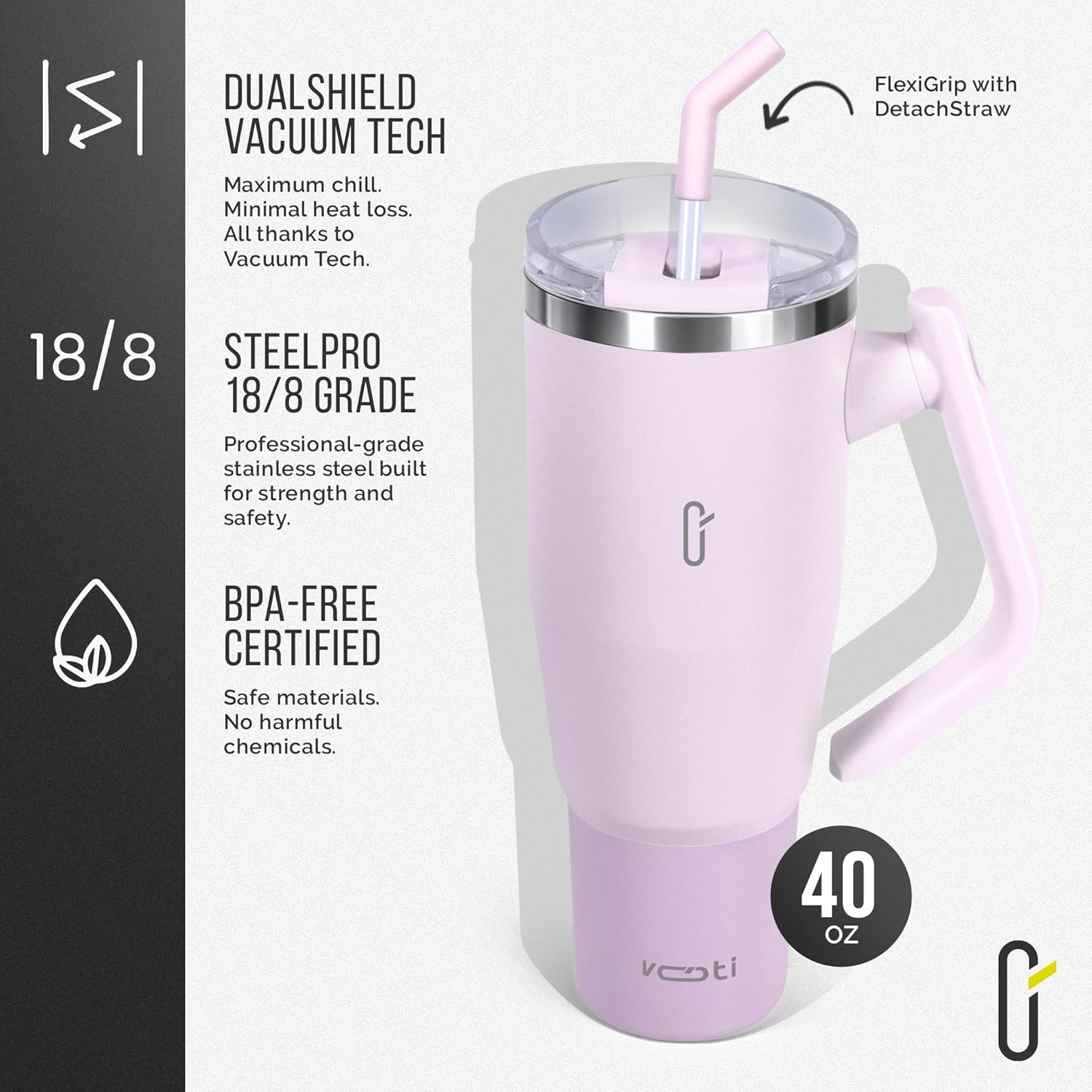 V180 40oz Insulated Tumbler with Lid and Straw, 180° Rotating Handle for Easy Grip, Keeps Drinks Hot or Cold, BPA-Free Stainless Steel, Cup Holder Friendly Travel Mug and Water Bottle, Pink - Image 4