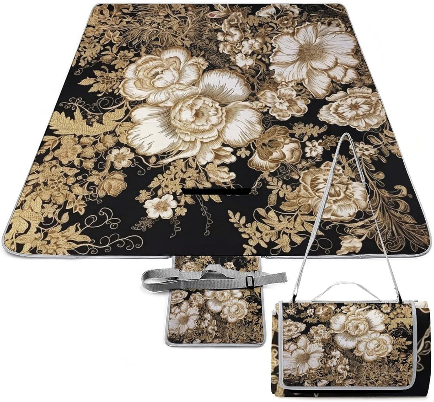 Outdoor Picnic Blanket Extra Large Beach Blanket Waterproof Picnic Mat Gold Leaf Flowers Camping Blanket Portable with Carry Strap Park Blanket for Grass Camping Park
