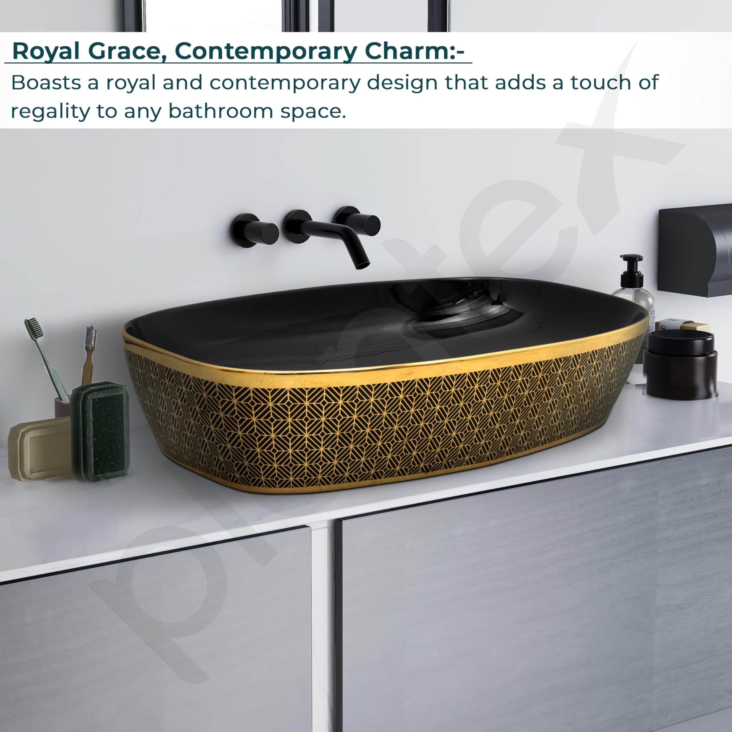 Plantex Wash Basin for Bathroom/Ceramic Counter Top Basin/Washbasin for Home/Office/Hotel - (Black & Gold - 23.5 x 15 x 5.5 Inch) 3