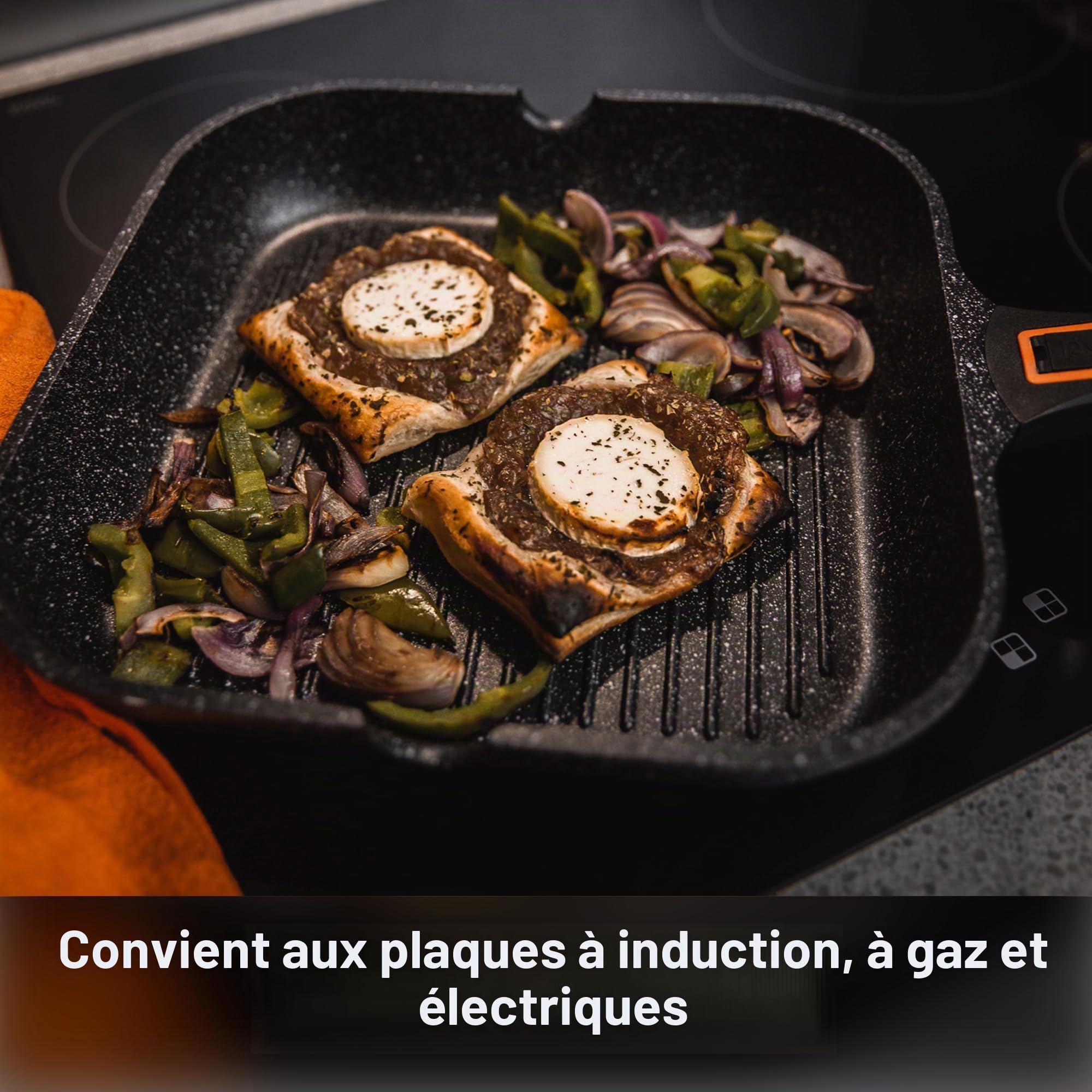 Poêle grill 29 cm, manche amovible, compatible induction, électricité et gaz, revêtement antiadhésif Whitford, pouvant aller au four