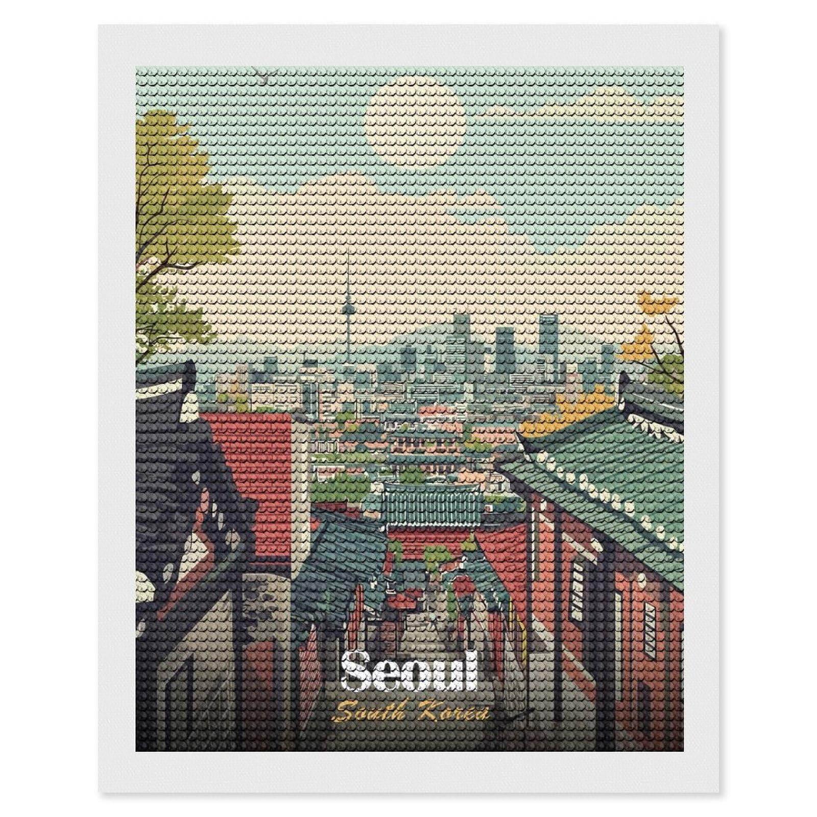 Junmoney Seoul Cityscape Illustration Diamond Painting Kit 16"x20", Festive Craft Gift, Bedroom Decor, Full Kit Included, Creative Gift Idea