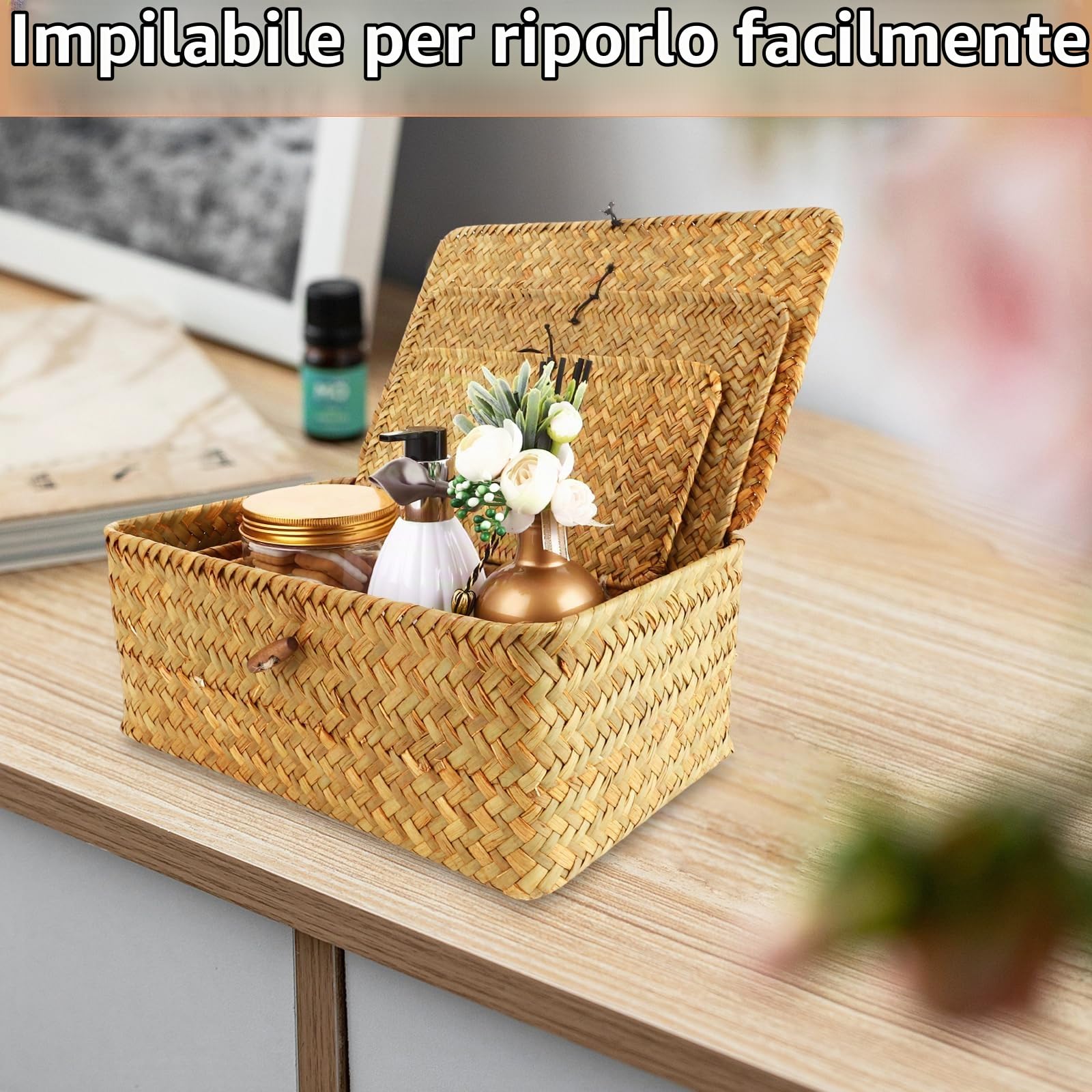 APACALI 3 Pezzi Cestino in Rattan, Cesto Rettangolare in Crine Vegetale con Coperchio, Cesto Naturale Intrecciato in Crine Vegetale, Cestini in Vimini per Scaffali, Organizzazione in Crine Vegetale