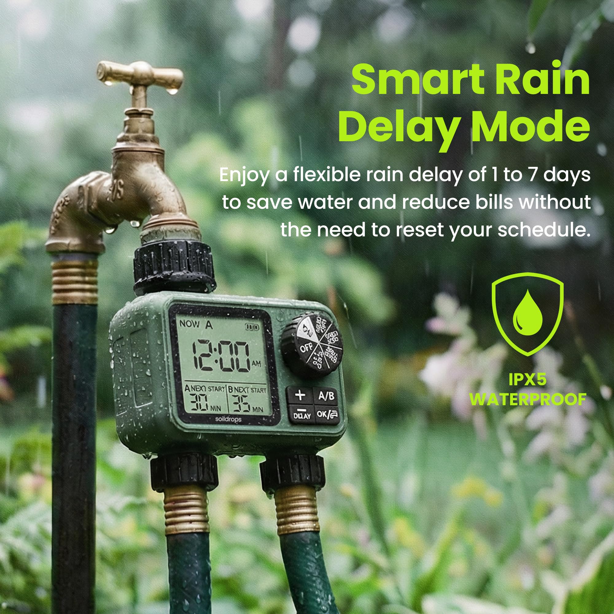 Sprinkler-Timer für Gartenschlauch, programmierbarer 1 oder 2 Auslassregler mit selbstreinigendem Ventil, 15-Tage-Frequenz, großes Zifferblatt, Regenverzögerung & Auto-Off, IPX5