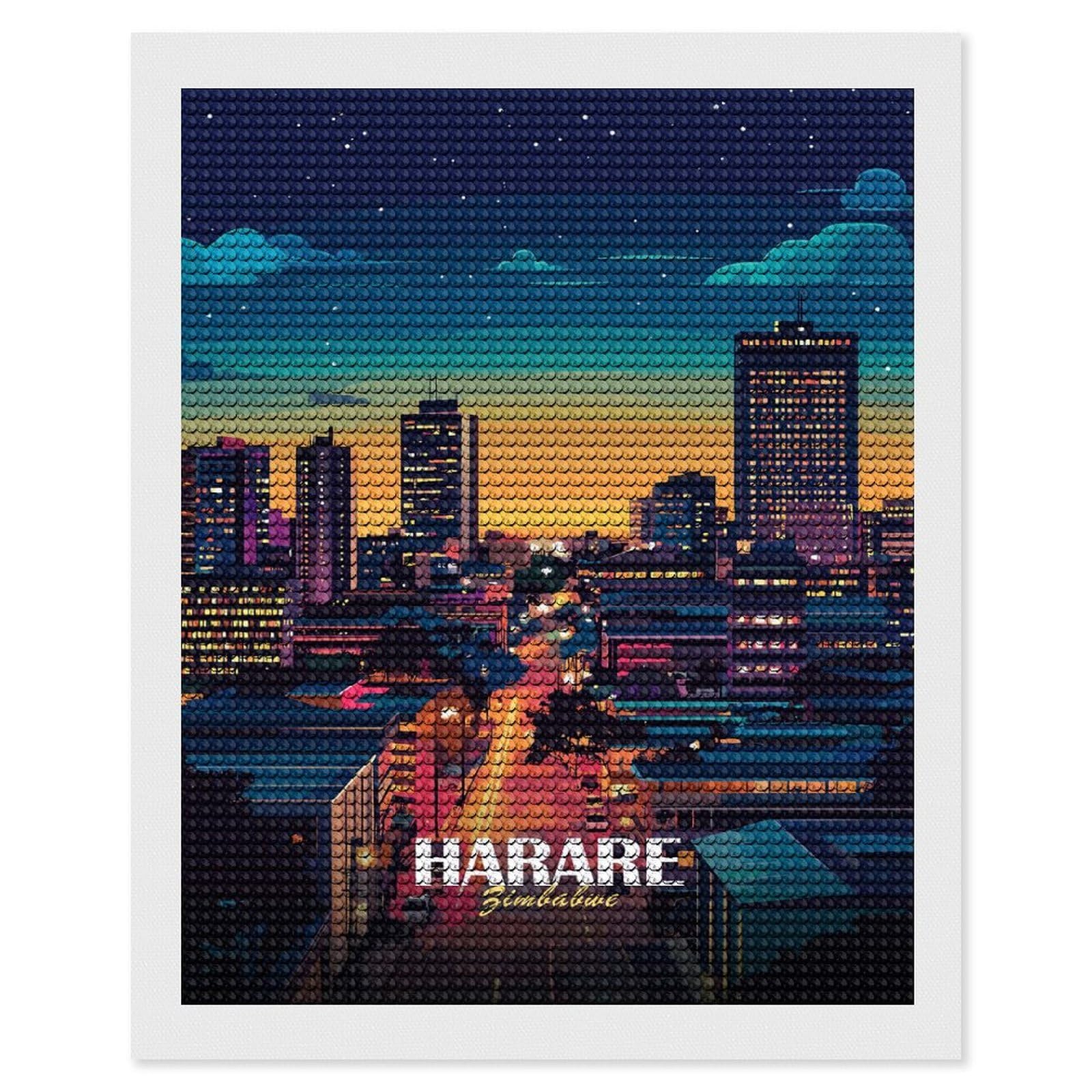 Junmoney Harare, Zimbabwe Cityscape at Night DIY Diamond Art Canvas Kit 16"x20", Complete Accessories, Creative Leisure Activity, Home Wall Decor, Gift Idea