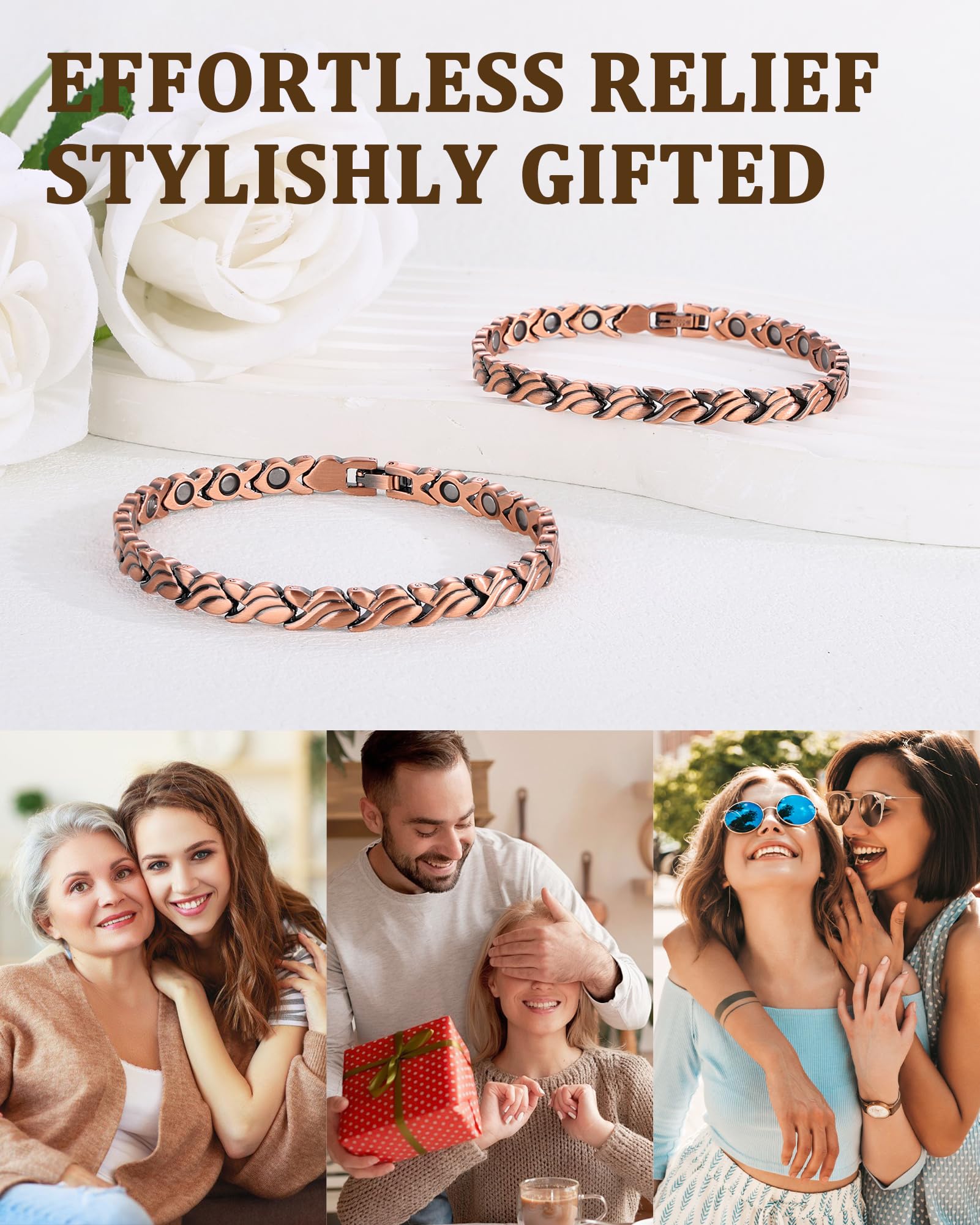 Juego de pulsera y anillo magnético de cobre puro al 99,99 % para mujer, diseño de alambre de corazón, joyería ajustable con imanes de 3800 Gauss, elegante caja de regalo