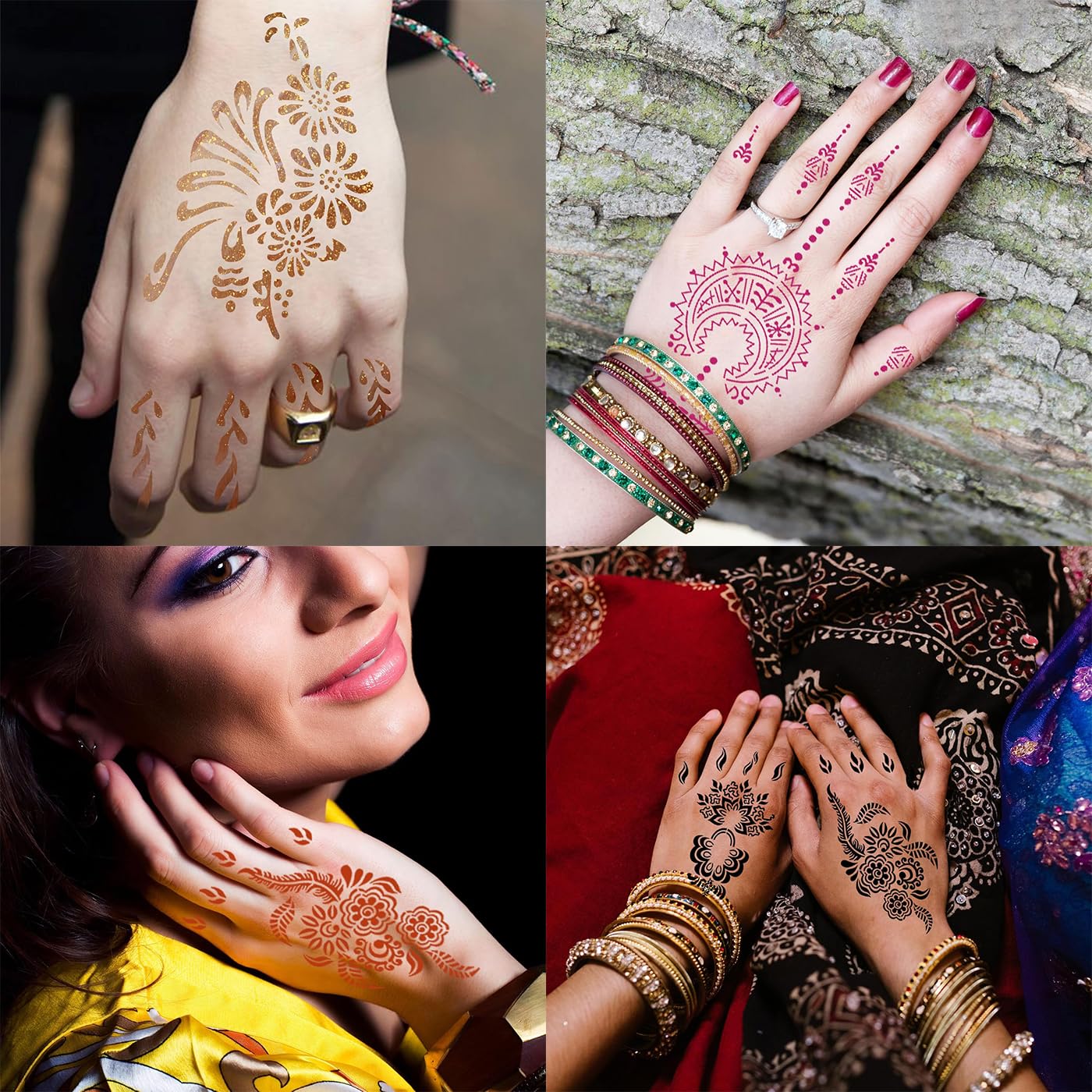 Reusable Henna Stencil with Rose and Floral Design, Temporary Tattoo Body Art Template for Hands and Fingers 1