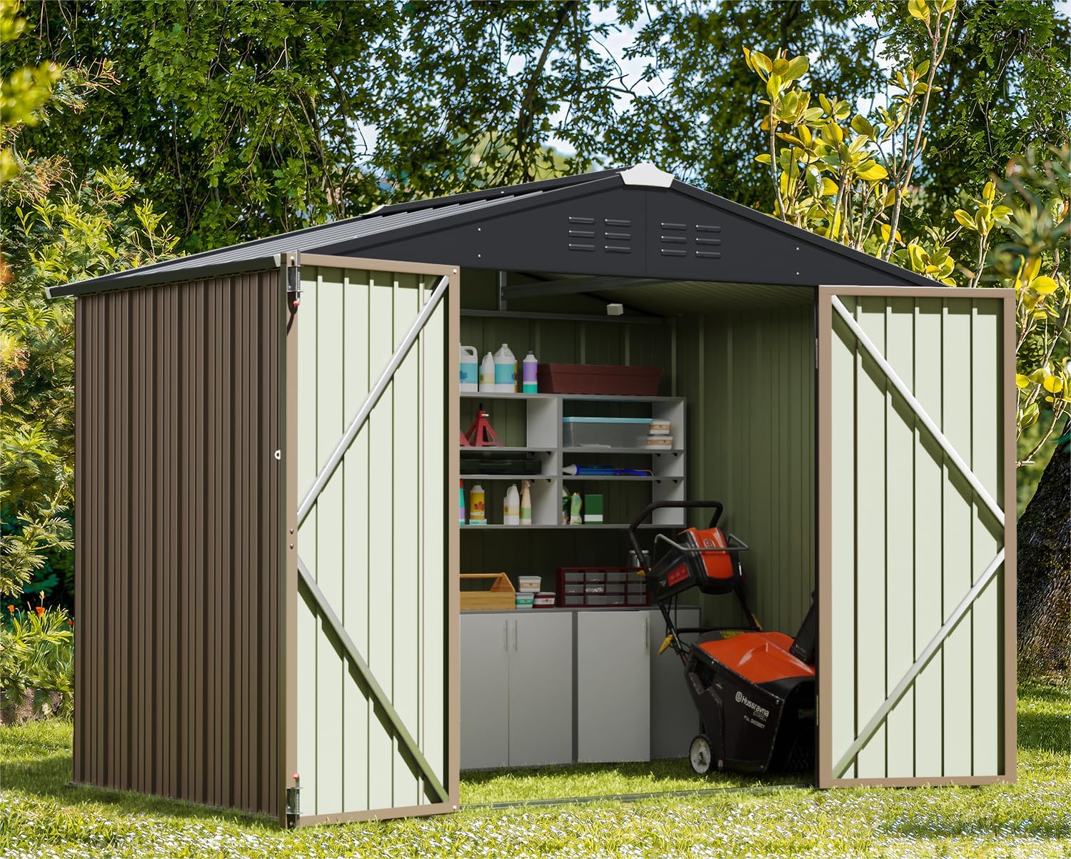 Greesum 8x6FT Outdoor Storage Shed, Utility Tool Shed with Sloping Roof, Metal Storaged Garden Shed with Door &amp; Lock for Patio Storage, Light Brown