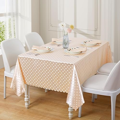 Champagne Polka Dot Satin Table Cloth 60 x 84 Inches,Rectangle Champagne Tablecloth Stain Resistant Wrinkle Free Silkly Soft Table Cloths for Dining Room, Indoor and Outdoor Use