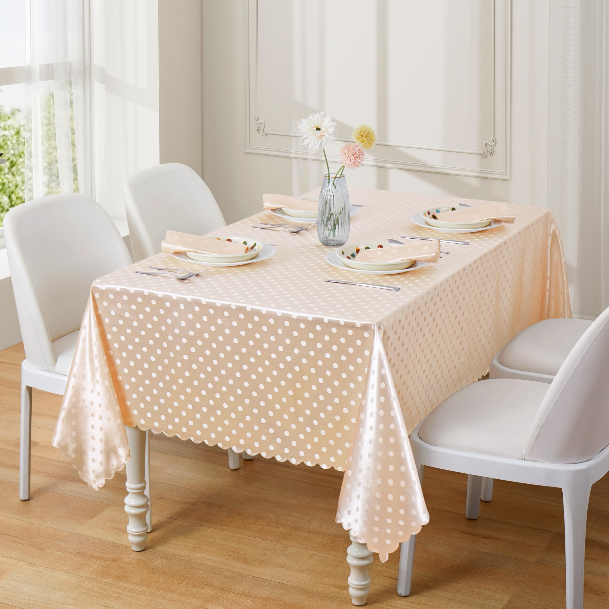 HommxJF Champagne Polka Dot Satin Table Cloth 60 x 102 Inches,Rectangle Champagne Tablecloth Stain Resistant Wrinkle Free Silkly Soft Table Cloths for