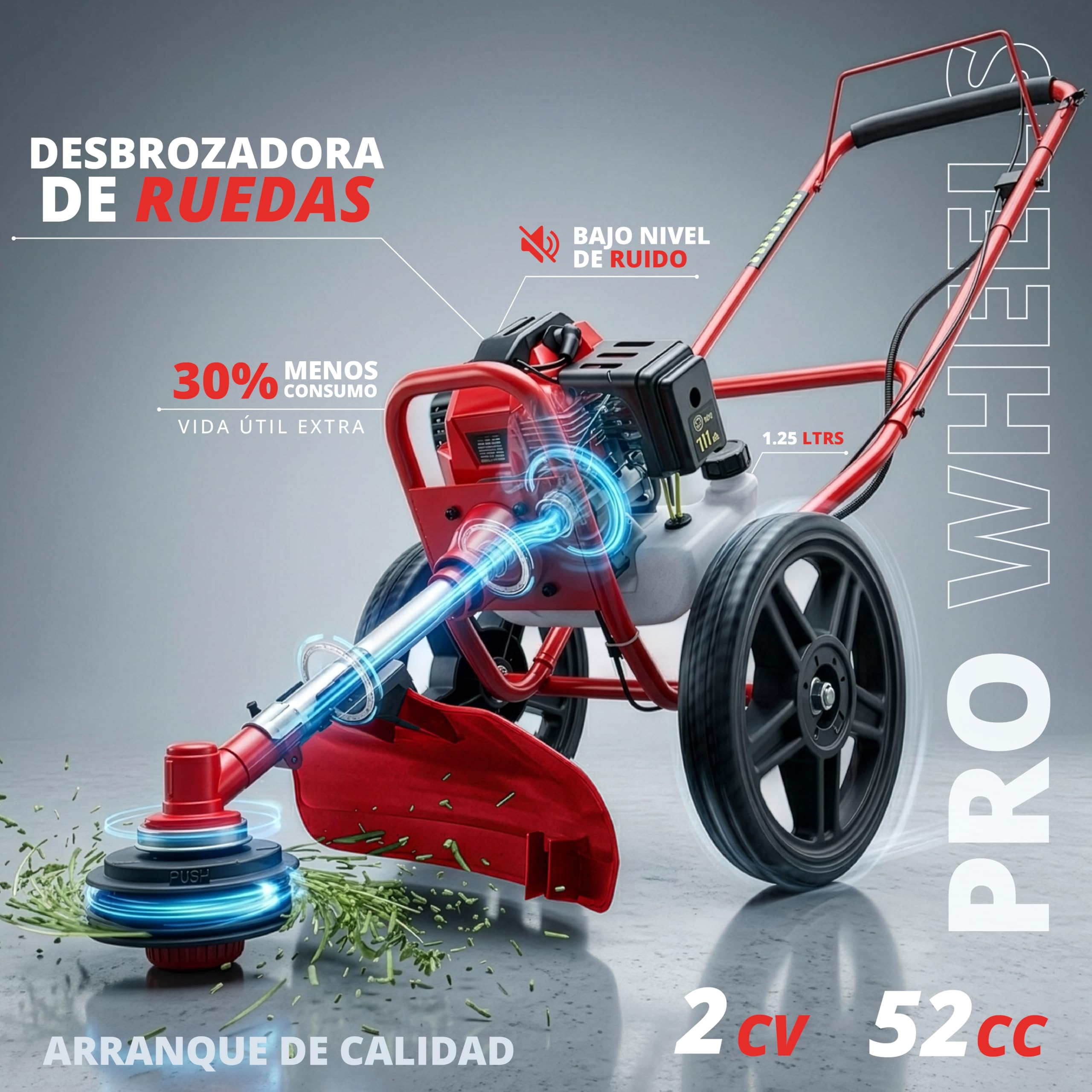 Synergy Desbrozadora de Ruedas Gasolina 52cc 2CV – Motor 2 Tiempos – Modelo Pro Wheels – Cabezal de Hilo y Cabezal de Corte para maleza