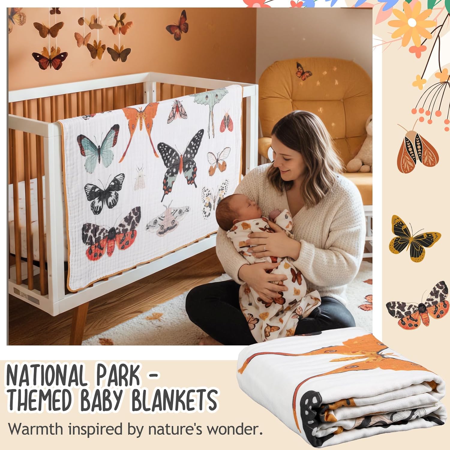 SmoothNovelty Butterfly Muslin Blanket 47 x 47 Inch Warm Soft Cotton Muslin Swaddle Blanket, Boho Nursery Swaddling Wrap Quilt for Girls Bedding Gift, Spring Summer Nap, Crib Bed Sofa Nursery Decor