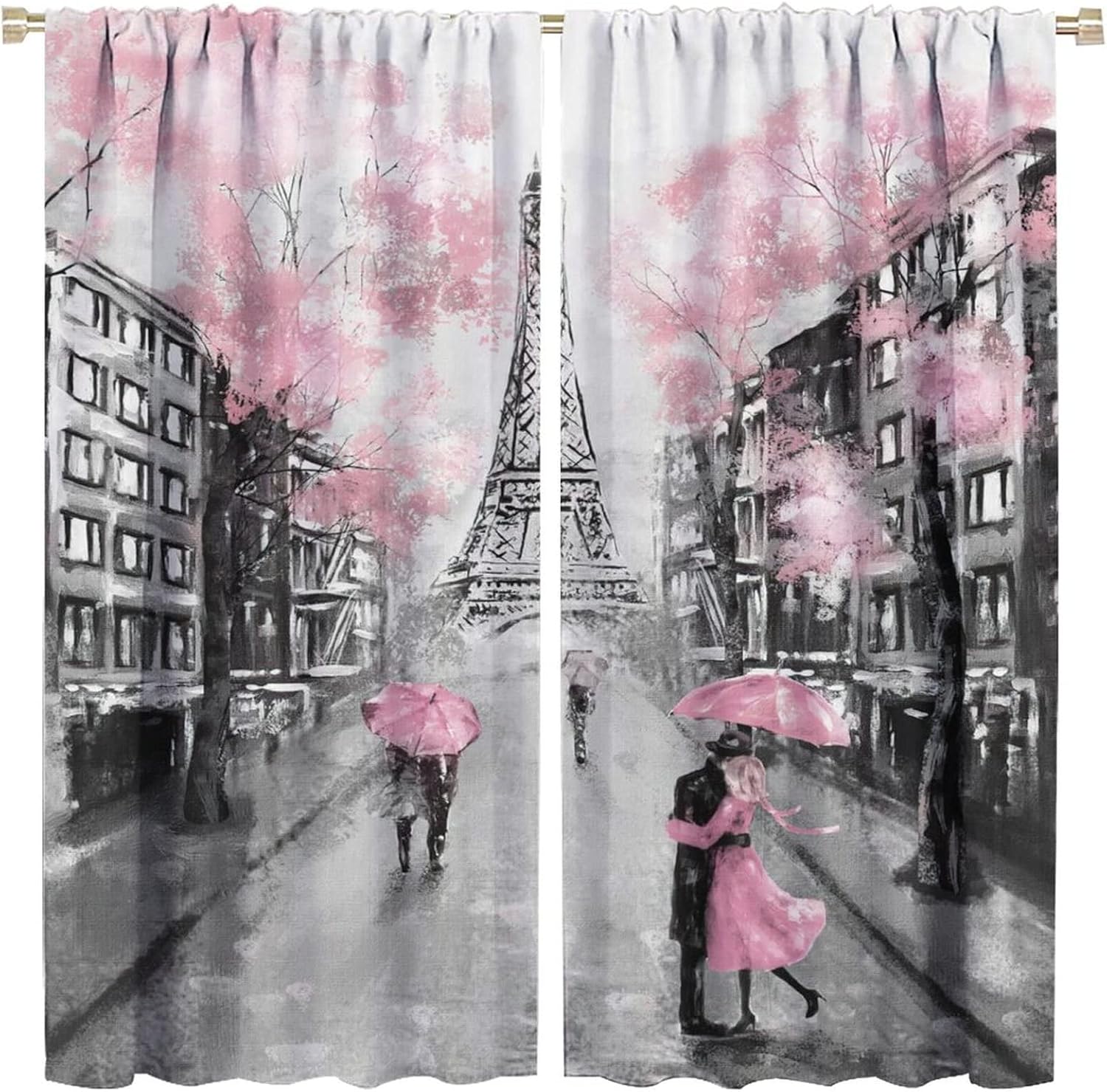 Paris Eiffel Tower Blackout Windows Curtains, Oil Painting European Cityscape Eiffel Tower Pink Trees Couple with Umbrella in The Street, for Living Room Bedroom 42x45in 2 Panels