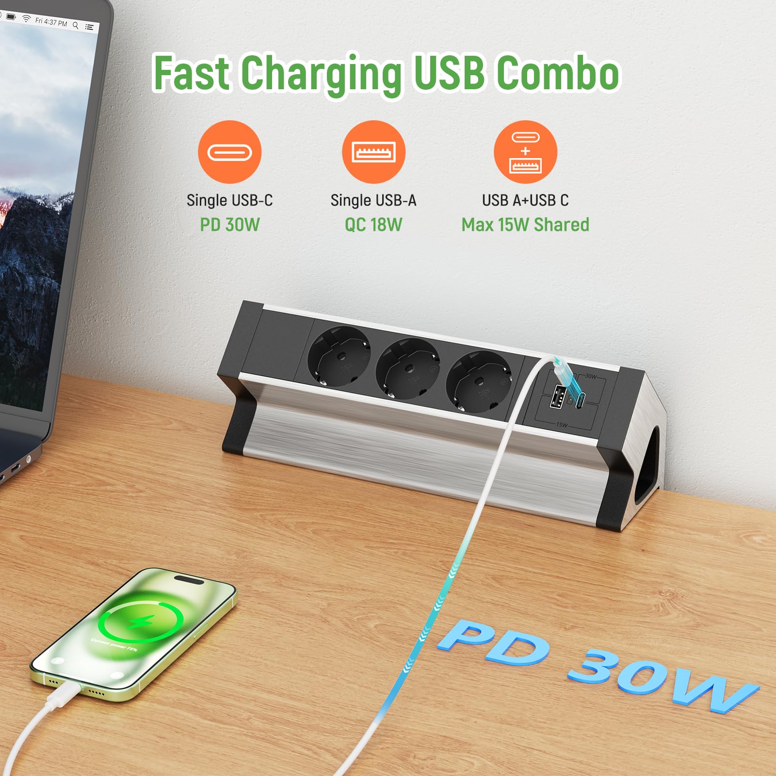 Ciabatta Multipresa con USB C, Multipresa Scrivania 3 Presa e 2 porte USB, Presa Multipla Impostazione Salvaspazio per Tavolo, Scrivania, 2500W/16A, Nera, Cavo da 1,8M