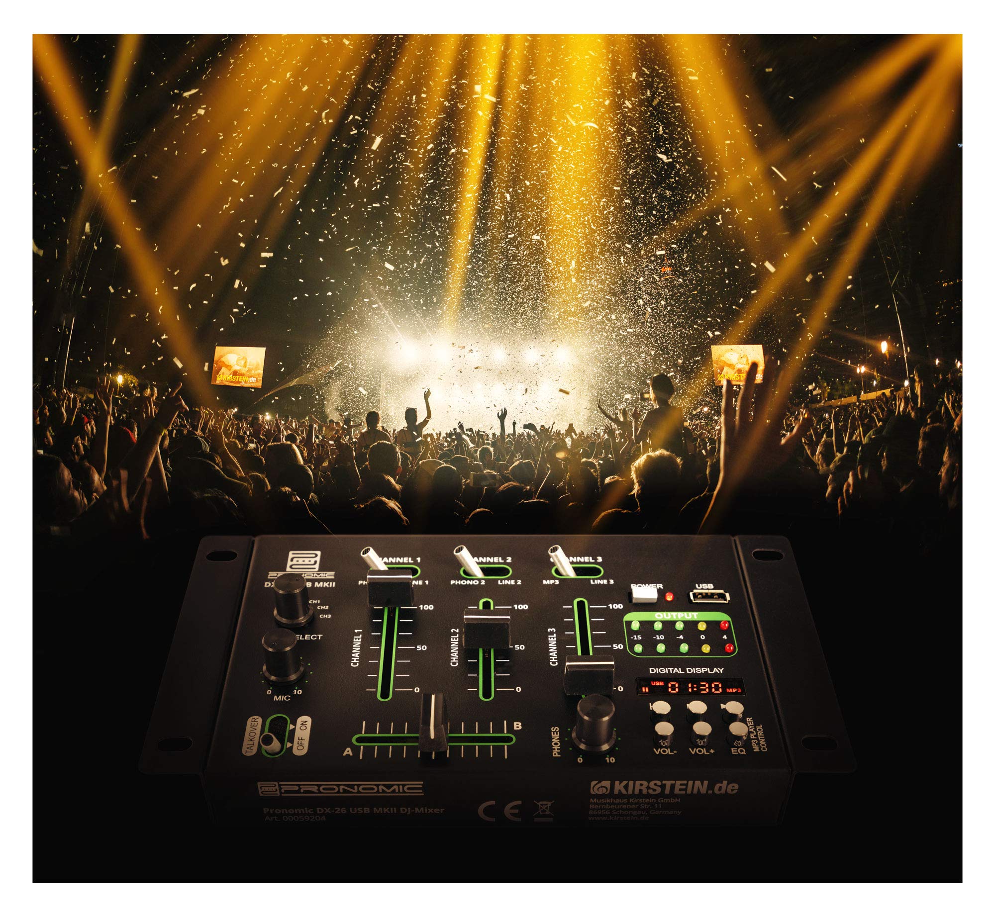 Pronomic DX-26 USB MKII DJ-Mixer, Mezclador DJ de 3 canales, Función Cue | Faders Ultraglide súper suaves de 45mm, Diseño de ruido extremadamente bajo, Construcción robusta, Salida de auriculares de 6