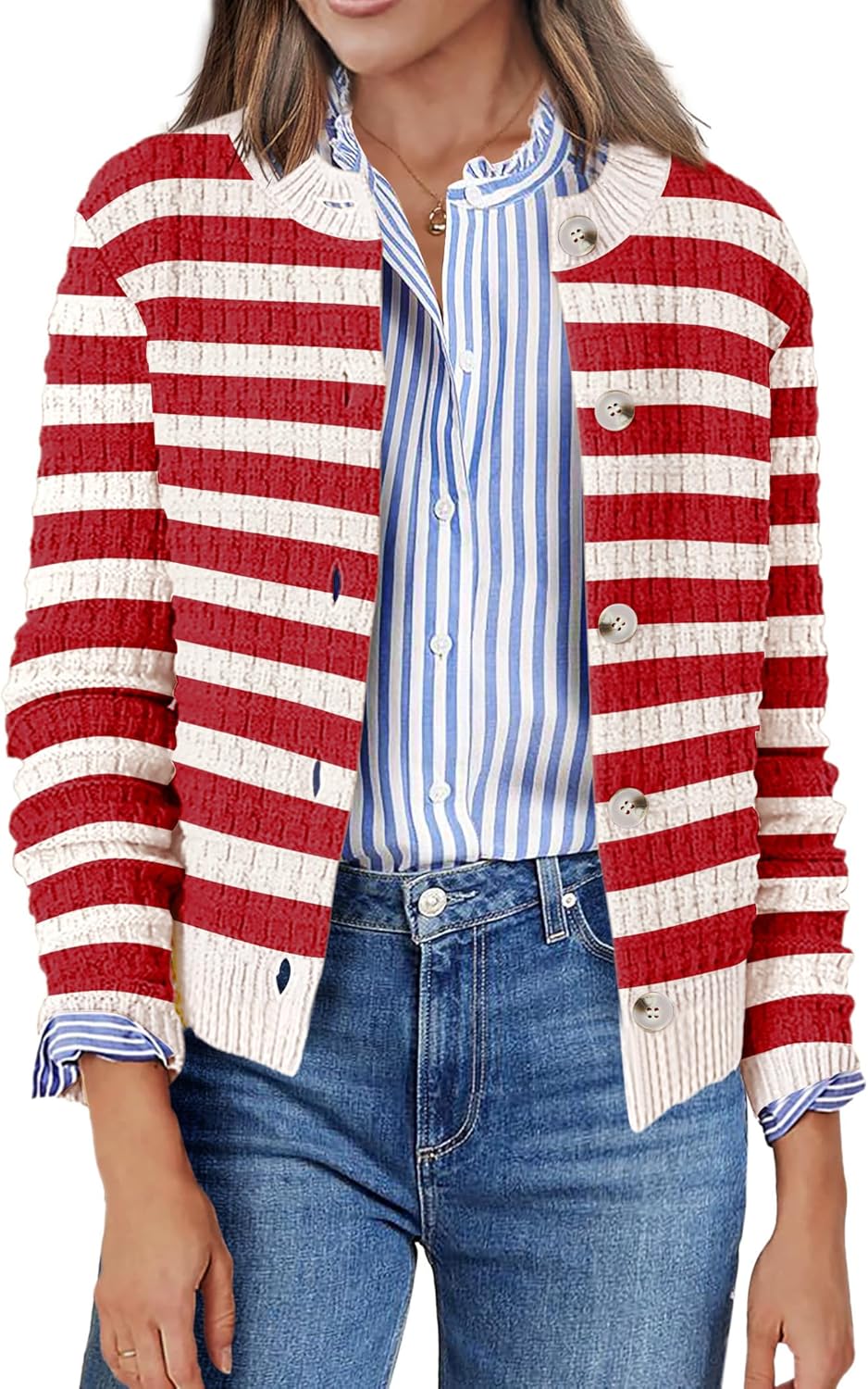 Zeagoo Women's 2026 Cardigan Sweaters Button Down Crew Neck Open Front Long Sleeve Knit Cropped Jackets