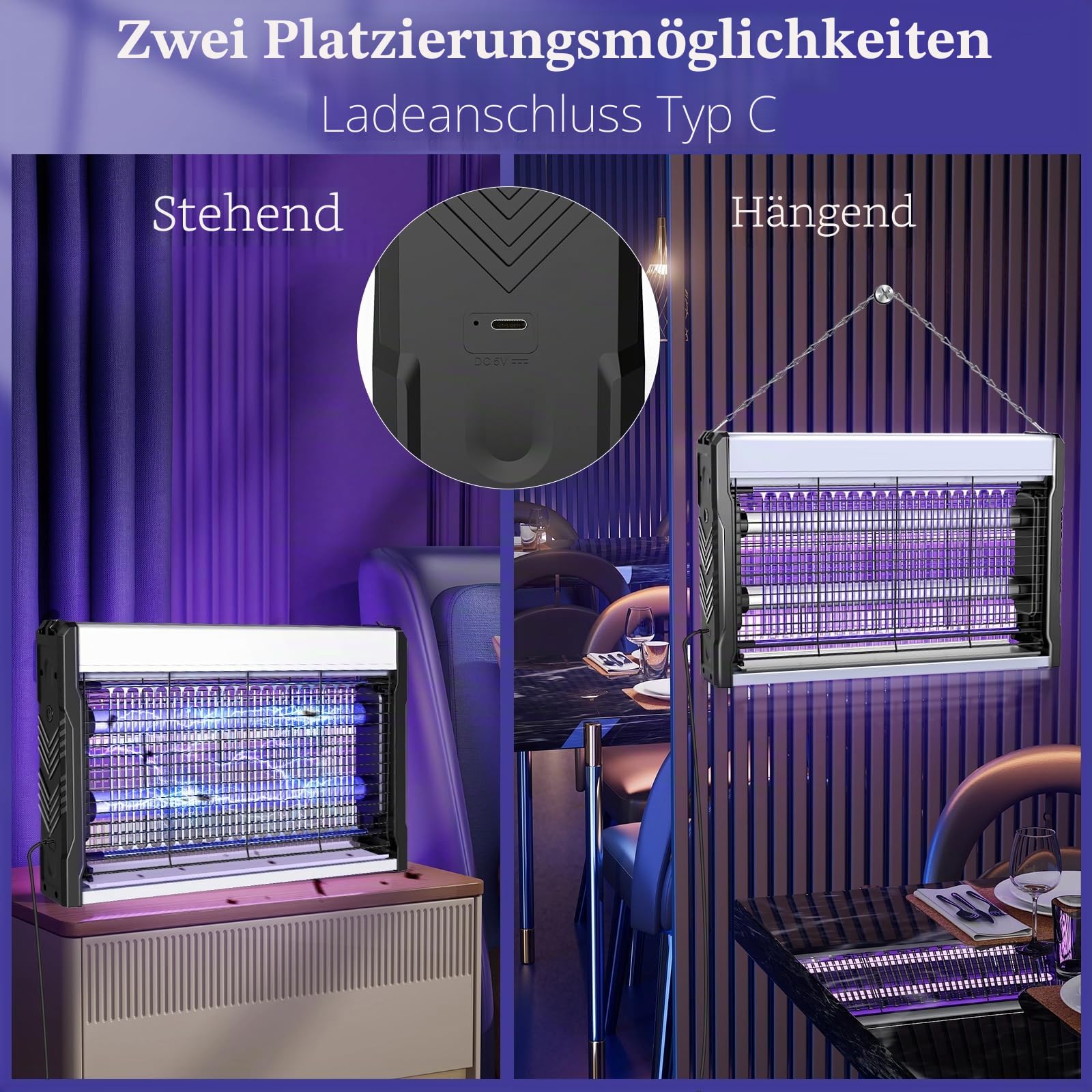 PALONE Insektenvernichter Elektrischer 3200V, Dual-Band Anziehun UV LED Bug Zapper USB Wandmontierter Mückenlampe mit Kabel Elektrische Fliegenfalle für Innen, Insektenlampe Gegen Mücken, Fliegen