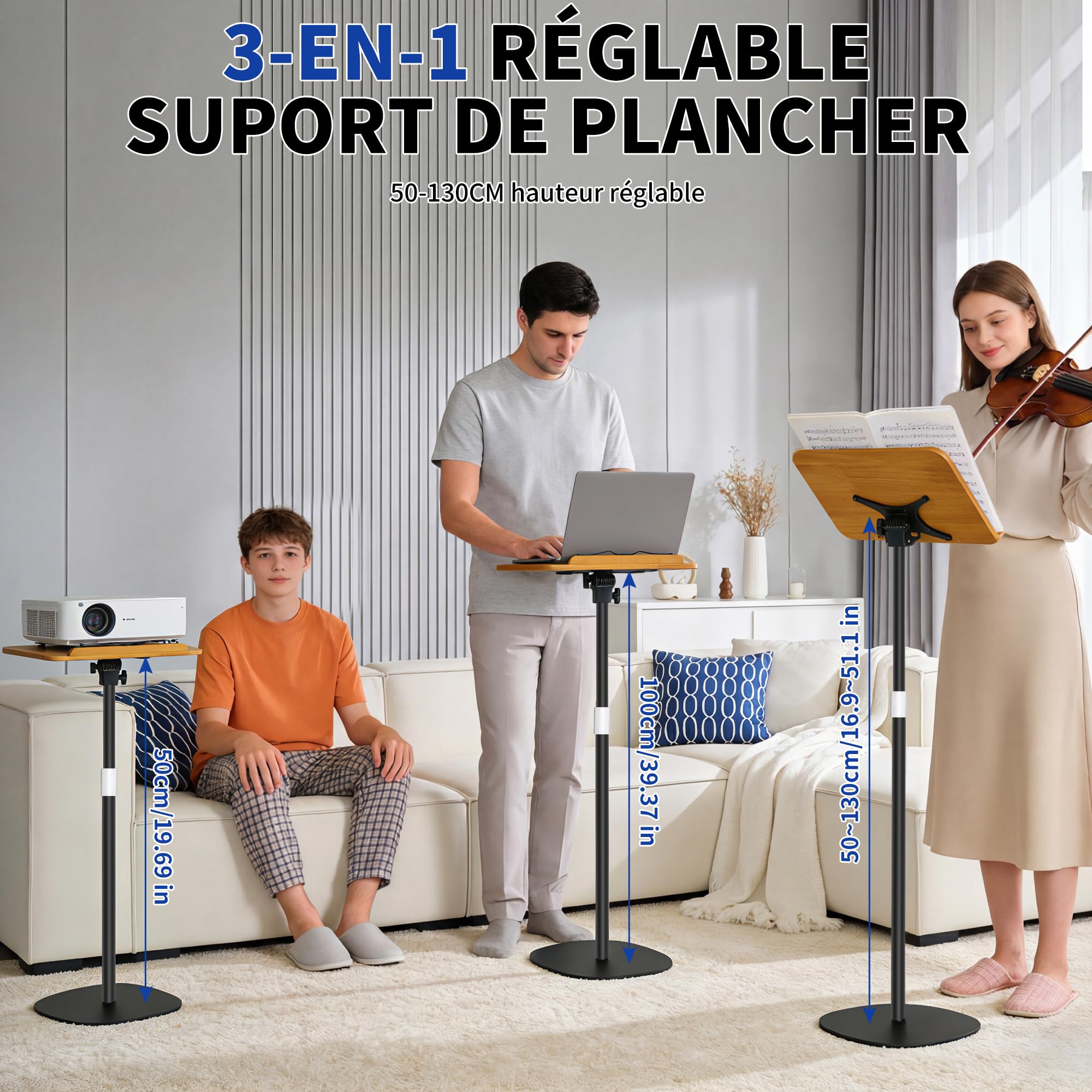 OUUTMEE Supporto da lettura in metallo, 26,5 x 39 x 130 cm, nero | Regolabile in altezza da 60 a 130 cm, pieghevole, stabile, scrivania portatile per laptop, tablet e libri
