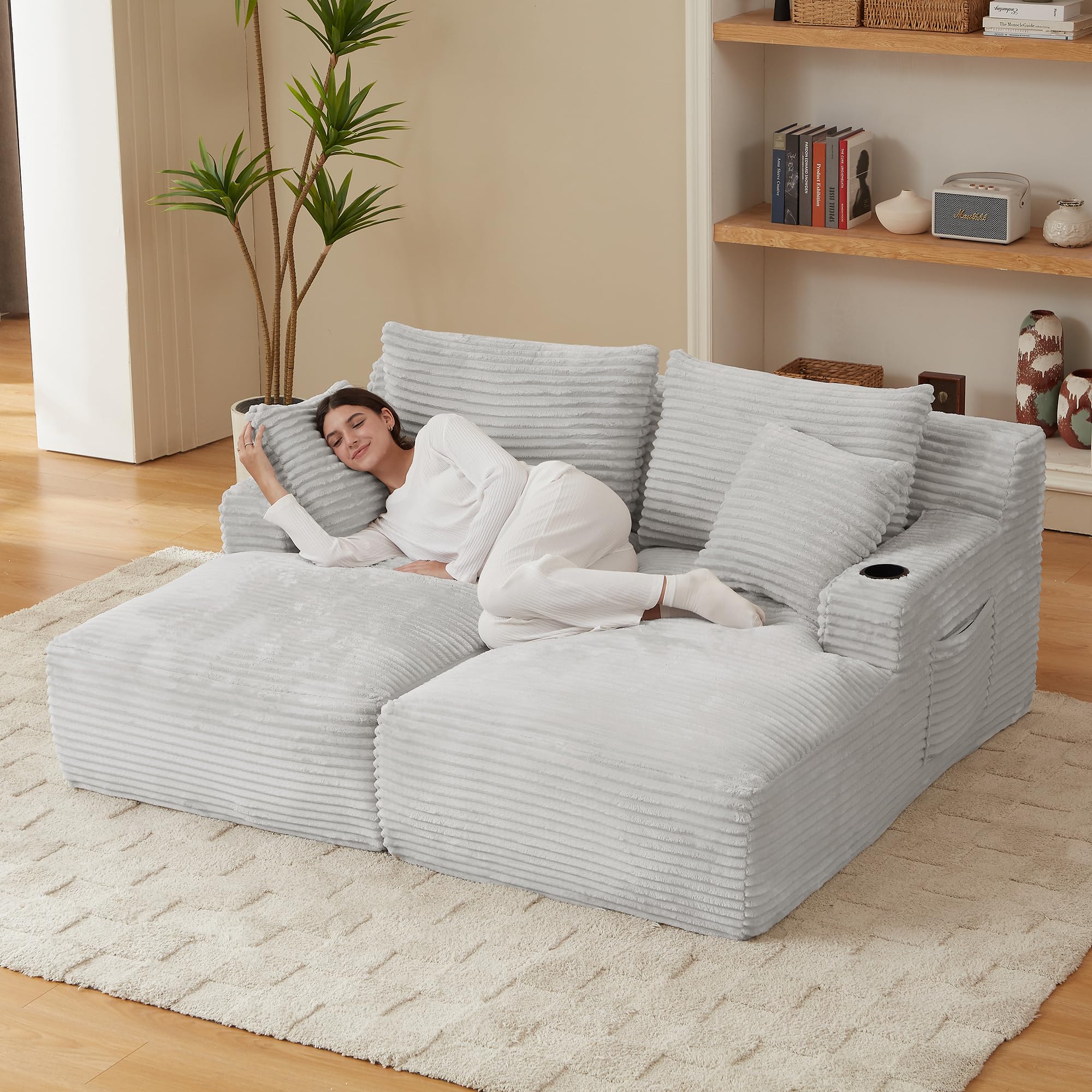 180 cm, ponadwymiarowy podwójny szezlong, sztruksowa, segmentowa sofa z uchwytami na kubki, przytulne poduszki, głębokie siedzisko, wszechstronna sofa do salonu, relaks i komfort
