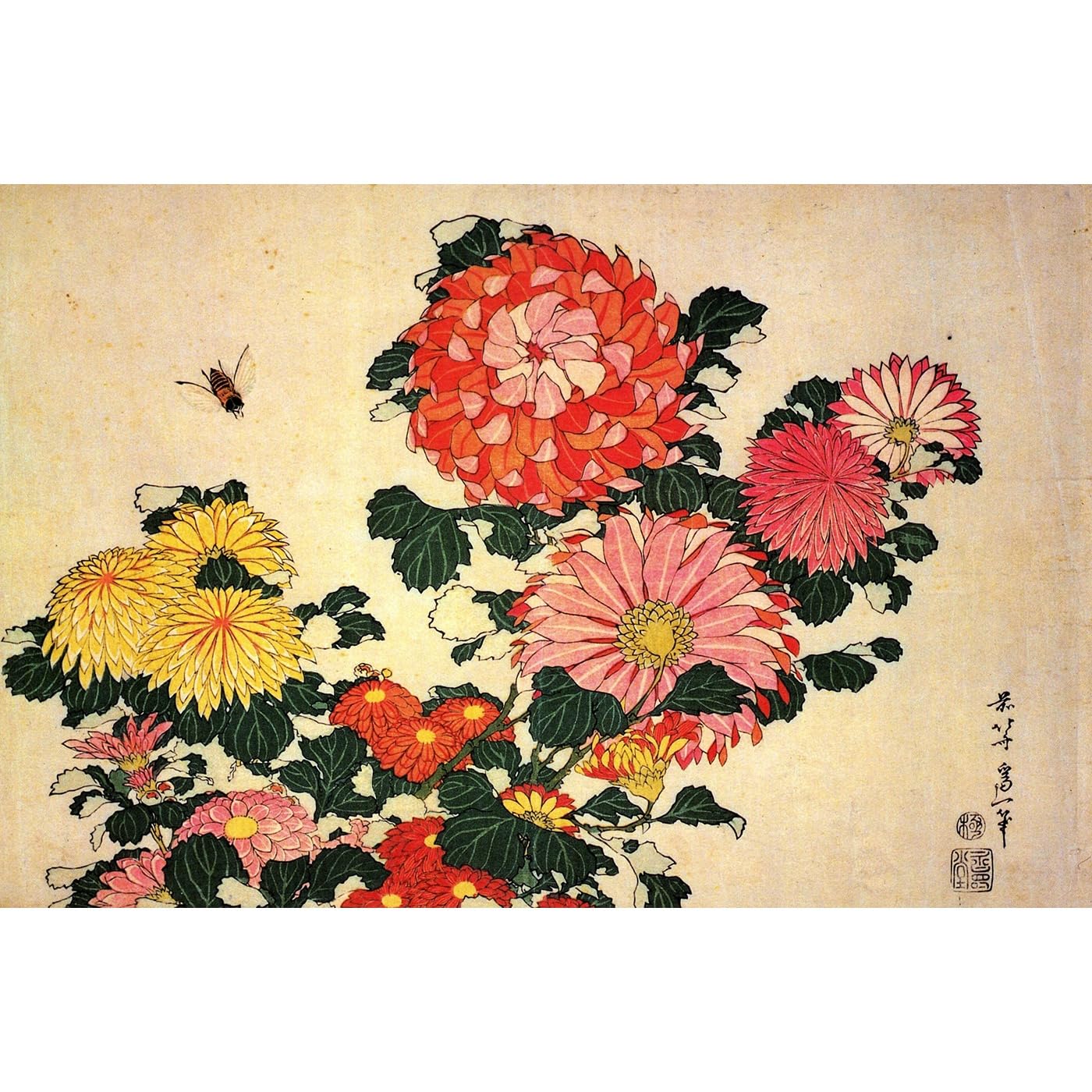 Hokusai Chrysanthème et abeille impression giclée grand format