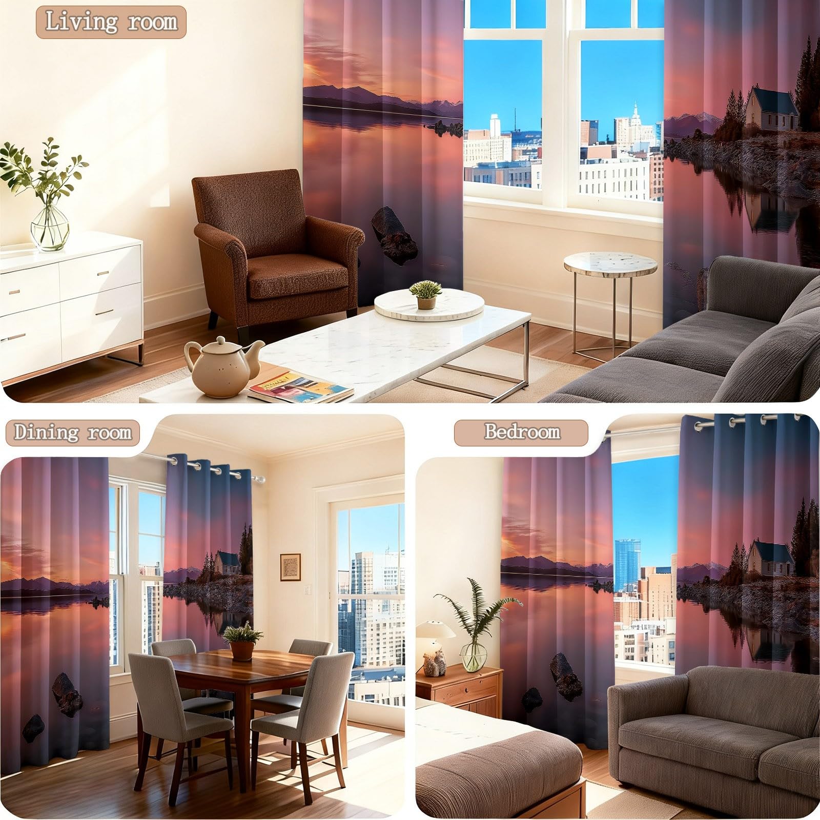 Verdunkelungsvorhänge Kinderzimmer & Schlafzimmer, 2er Pack blickdichte Thermovorhänge mit Modern Kunst Abenddämmerung, Rosa Ösenvorhang Mehrfarbig, B 100 x H 215 cm