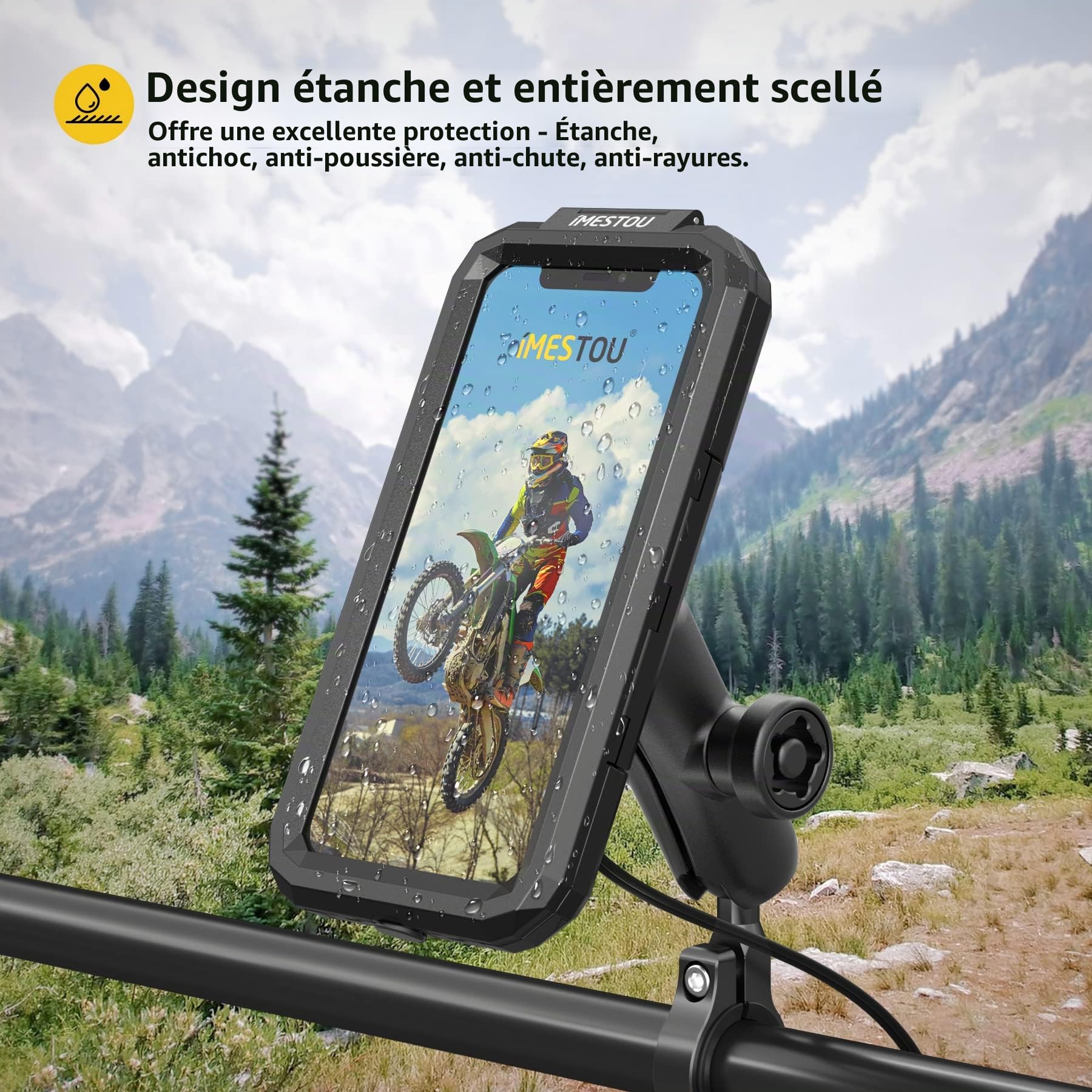 iMESTOU Support de Téléphone sans Fil étanche pour Moto, Chargeur sans Fil Qi/USB C Antivol sur Le Guidon Rotation à 360° pour Les Smartphones 5,5"-6,8" (Taille L)