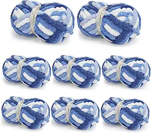 Chunky Yarn for Hand Knitting, Chunky Chenille Blanket Yarn for Crocheting, Bulky Soft Fluffy Chenille for Blanket Project, 8 Pack of 8oz/25yds, White&Blue