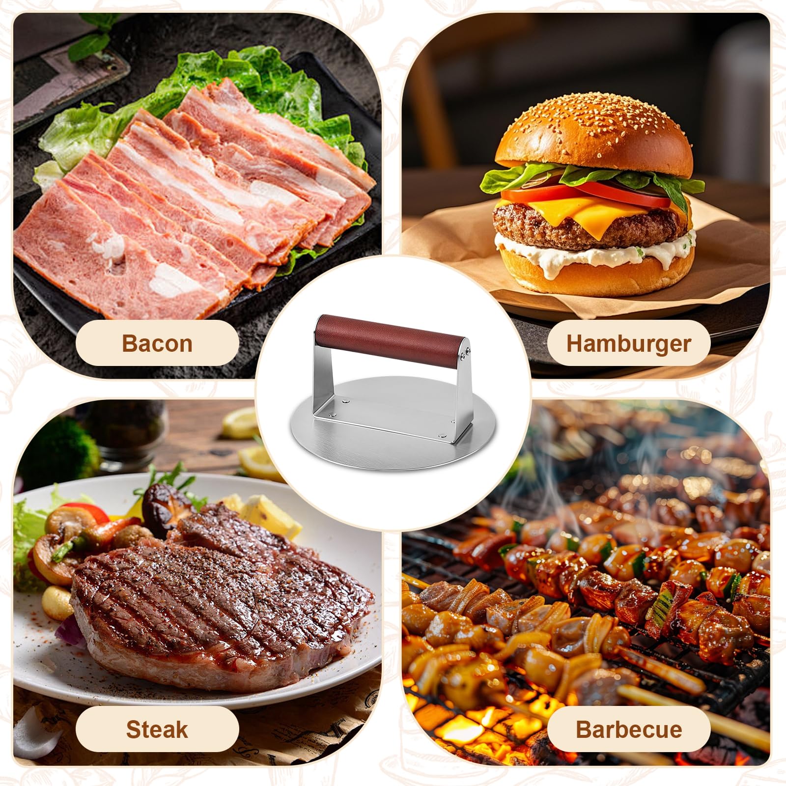 Smash Burger in Acciaio Inossidabile per Casa/Griglia, Pressa per Hamburger Lavabile in Lavastoviglie con Manico in Legno, 6,3 Pollici/Ø 16 cm