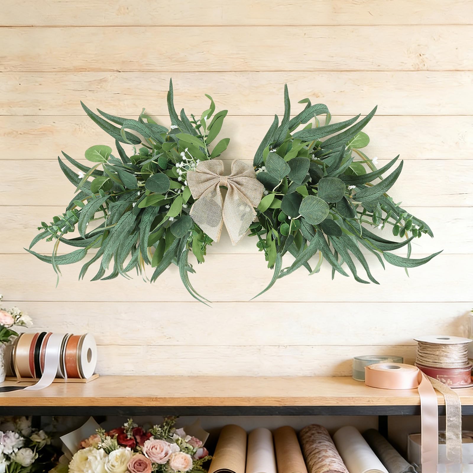 Photo 1 of 2 Floral Swag for Front Door 24" Greenery Teardrop Swag Eucalyptus Swag Summer Wreath with Eucalyptus Olives Leaves Mixed Berry for Wedding Arch Party Wall Home Garden Decor