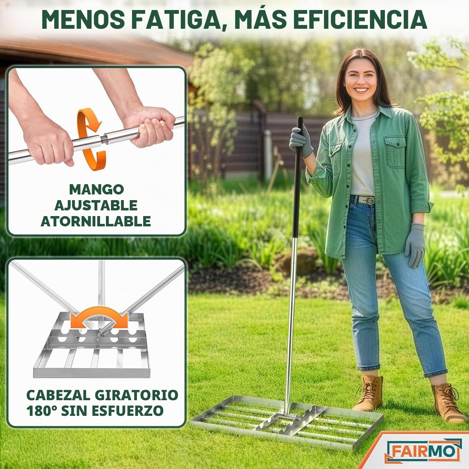 La práctica rasqueta para césped de Acero Inoxidable (75 x 35 cm) de Fairmo [para césped Verde Intenso] – Rasqueta para césped con Mango de 2 Metros – Cuidado del césped con rastrillo de nivelación –