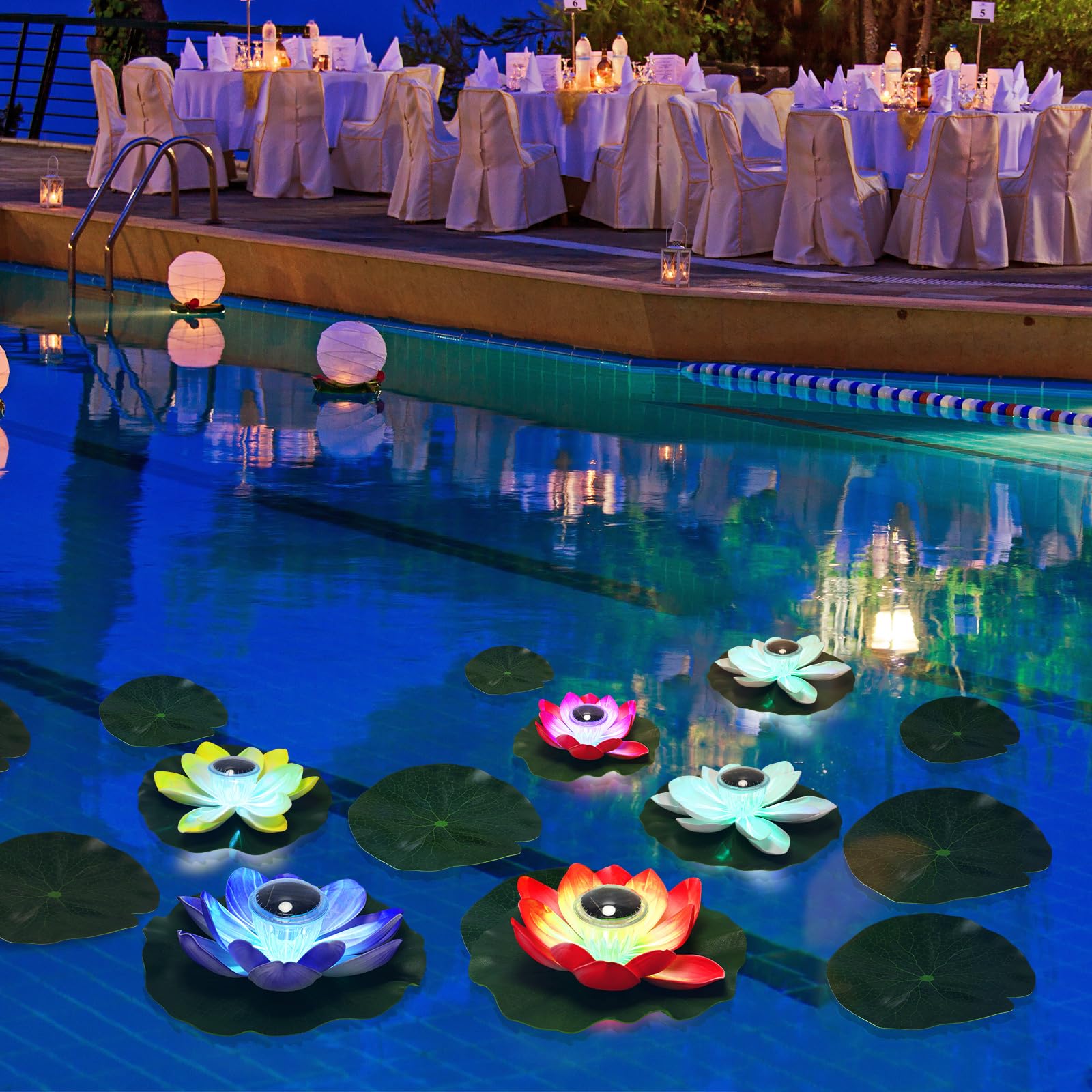 VIHOSE 16 luces solares de loto para estanque, impermeables, luces flotantes de loto solar con almohadillas de lirio, luces nocturnas flotantes para piscina, estanque, patio, jardín, piscina,