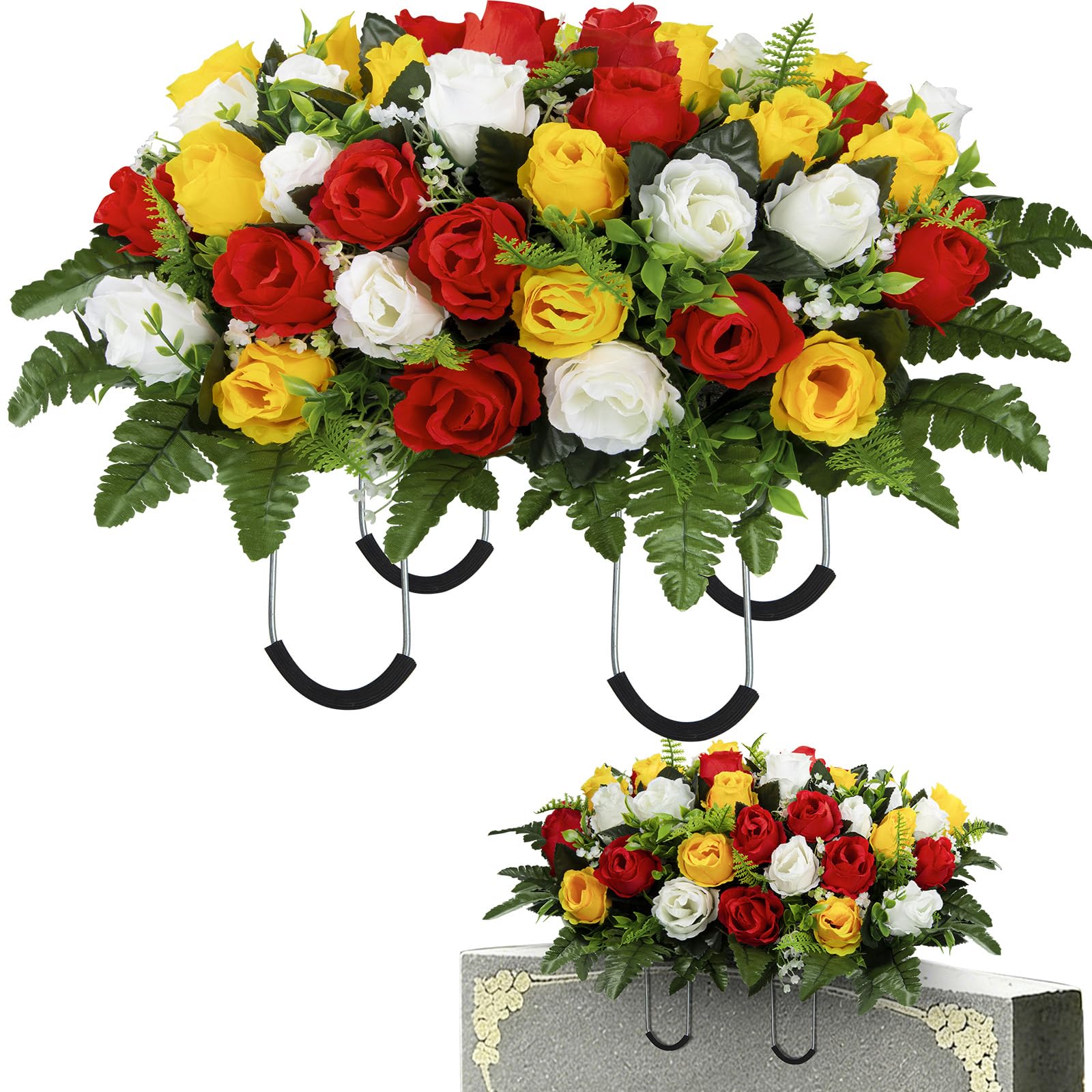 Artificial Cemetery Flowers Saddle Grave Memorial Rose Flowers Saddle for Cemetery Headstones Gravesites Decoration (White&Red&Yellow) image 4