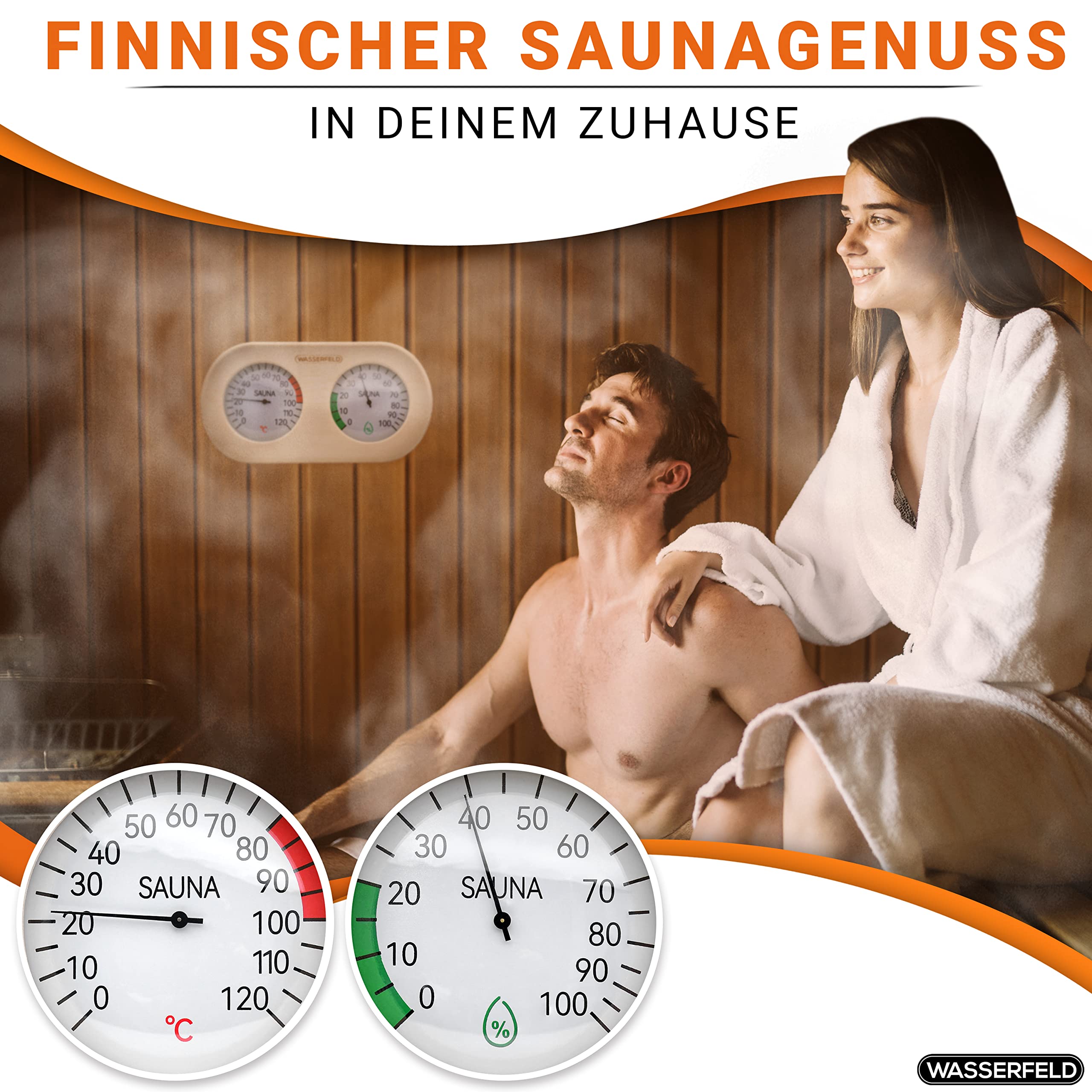 WASSERFELD® Thermomètre hygromètre de sauna [fonction 2 en 1] Thermomètre de sauna précis pour une mesure précise de la température et de l'humidité – Hygromètre avec verre trempé – Accessoires de