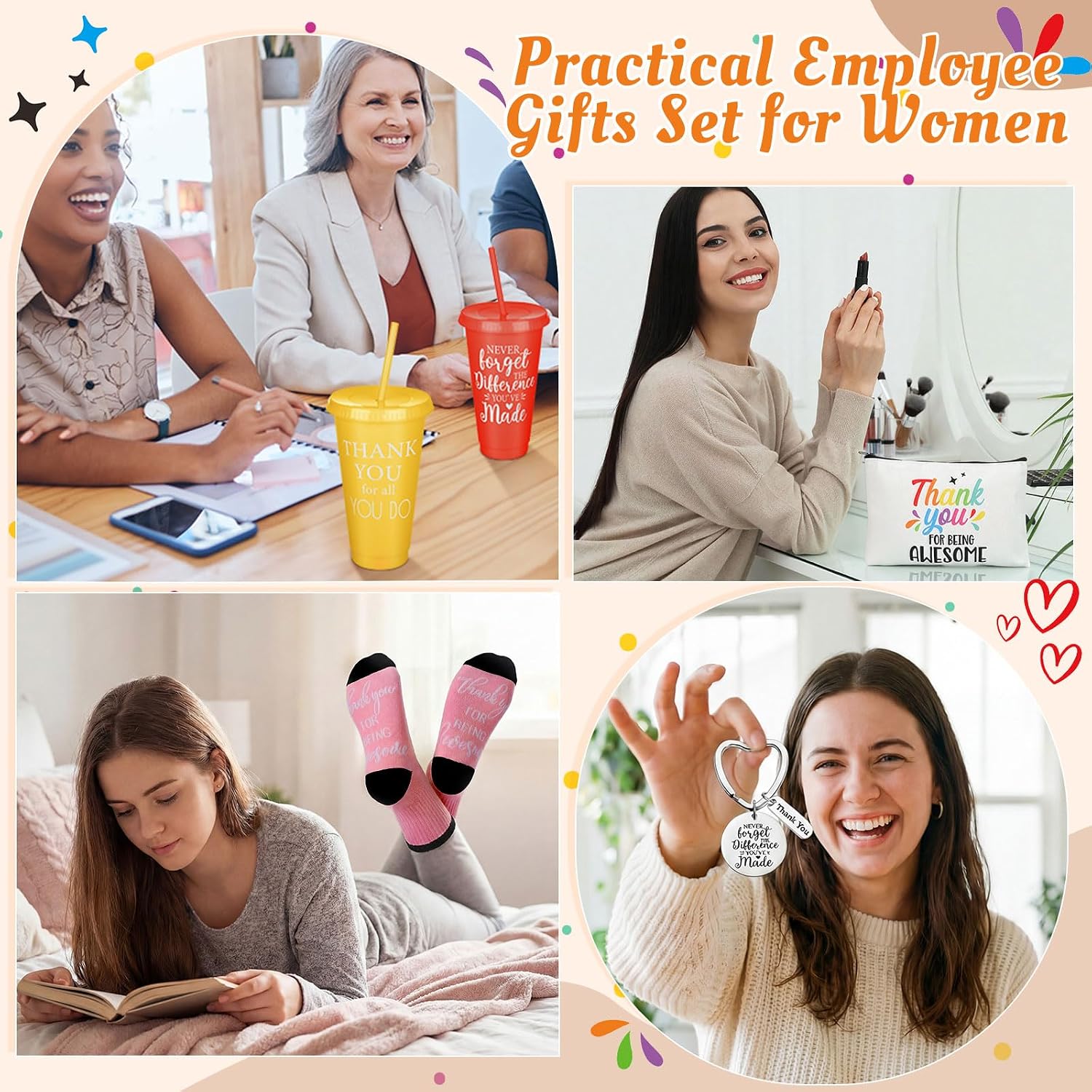 Funnymoom 24 Pcs End of Year Teacher Appreciation Gifts Bulk for Women 24 oz Plastic Tumbler Cup Inspirational Makeup Cosmetic Bag Crew Sock Keychain Thank You Gift for Staff Team Coworker Employee