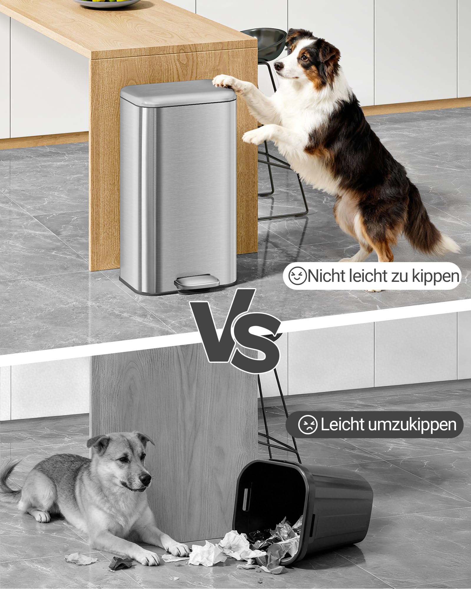 Hzuaneri Mülleimer Küche, 30L Abfalleimer mit Tretpedal, Tretmülleimer mit Softclose-Deckel und Inneneimer, Küchenmülleimer mit 15 Müllbeuteln, Stahl, Silber SW13099B