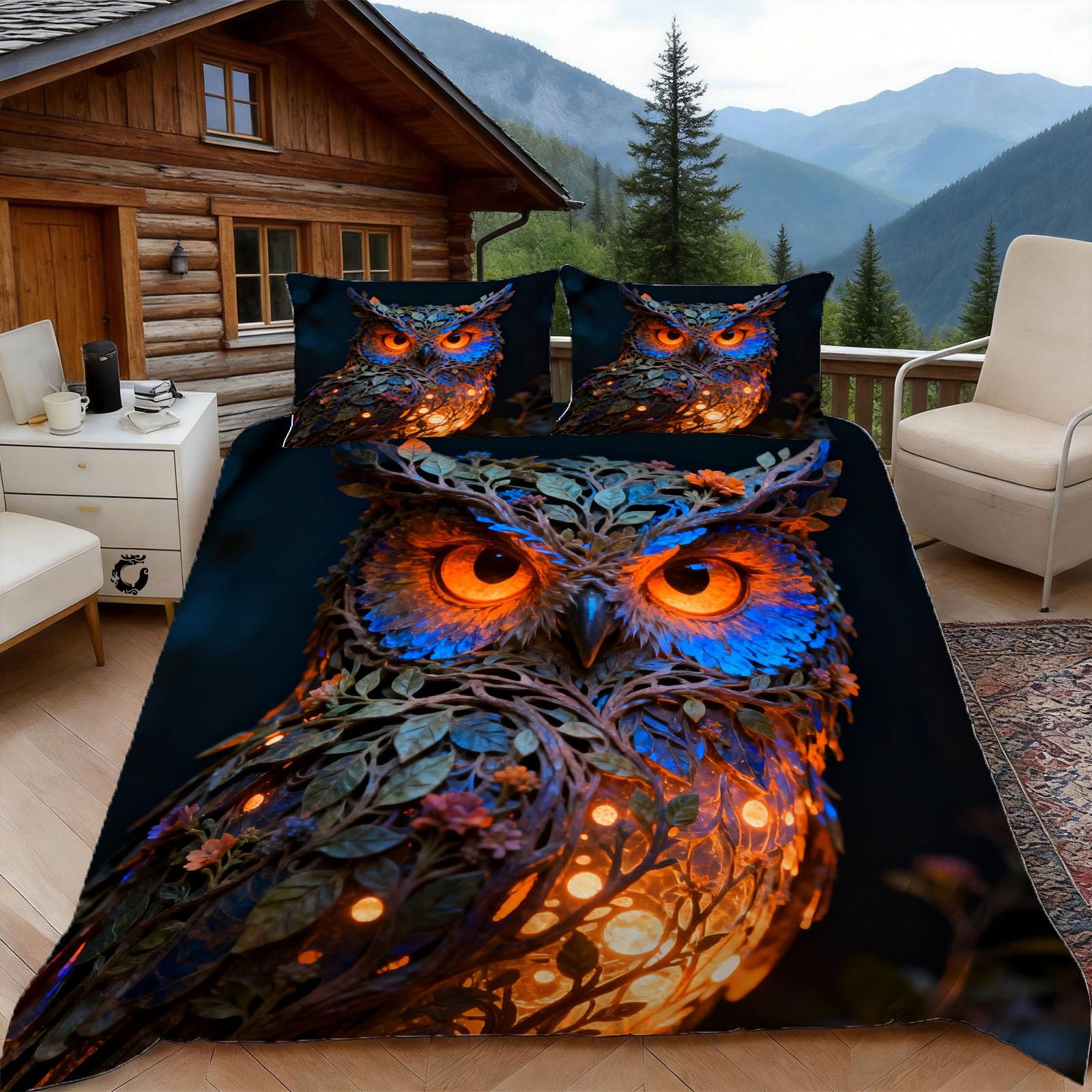 3D Single Duvet Cover Set 3D Printed Multicolor Owl Bedding, Mysterious Atmosphere Soft Microfibre Duvet Cover Sets Quilt Cover and Pillow Set with Zipper 3 Pcs