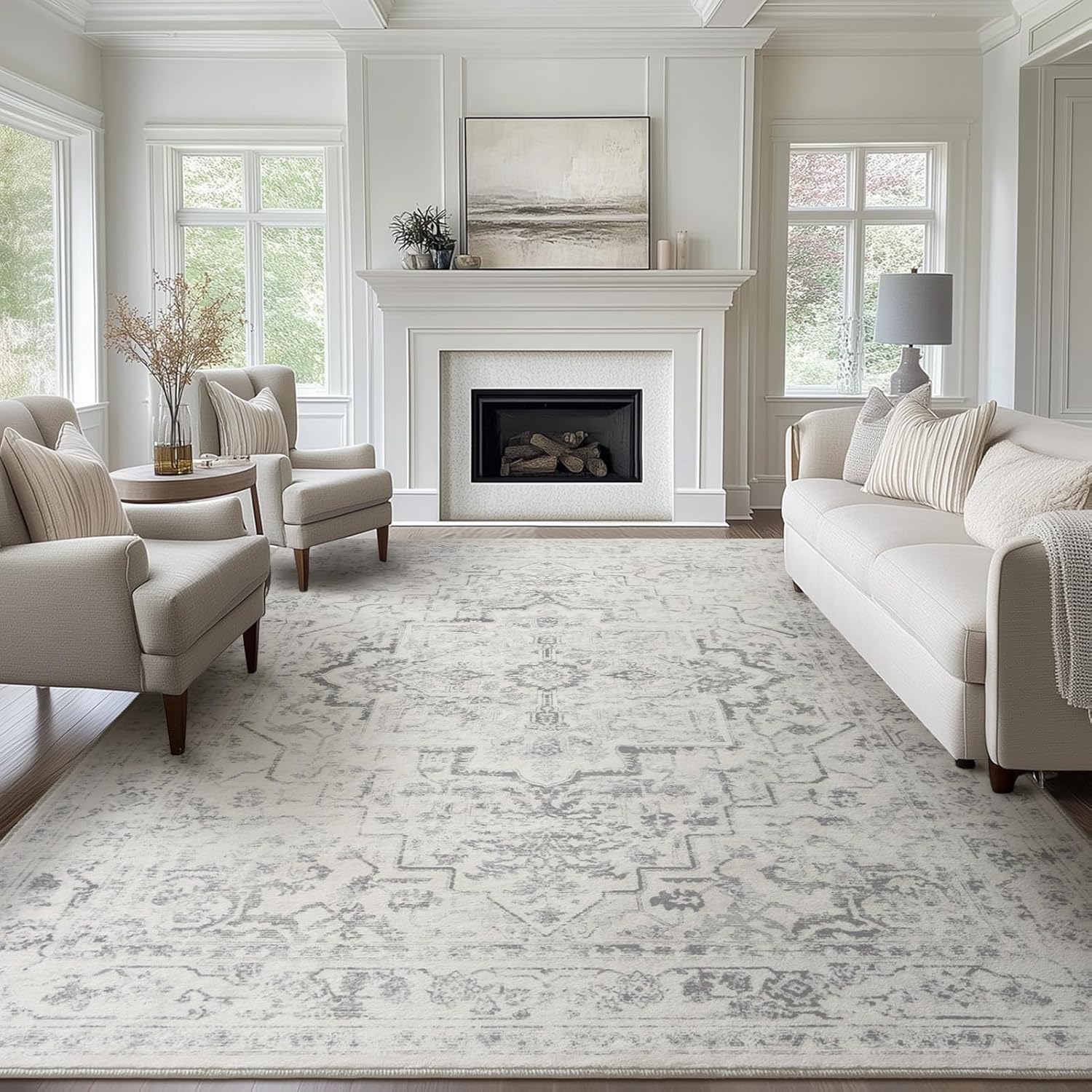 Farmhouse 6x9 Area Rugs for Living Room, Low Pile Thin Washable Non Slip Rugs for Bedroom Dining Room, Distressed Medallion Printed Carpet for Home Office Guest Room, Grey/Creamy White