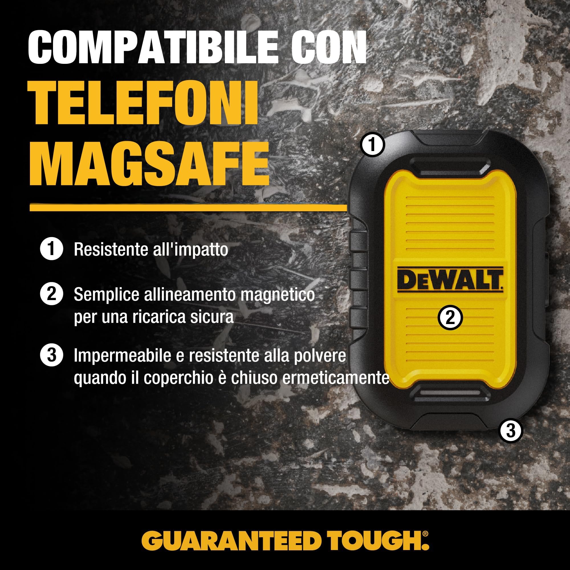 DEWALT Power Bank Magnetico 5000 mAh, Caricabatterie Portatile Wireless 18 W con USB-C, Compatibile MagSafe, IP55 Impermeabile, Ricarica Rapida per iPhone 15/14/13/12