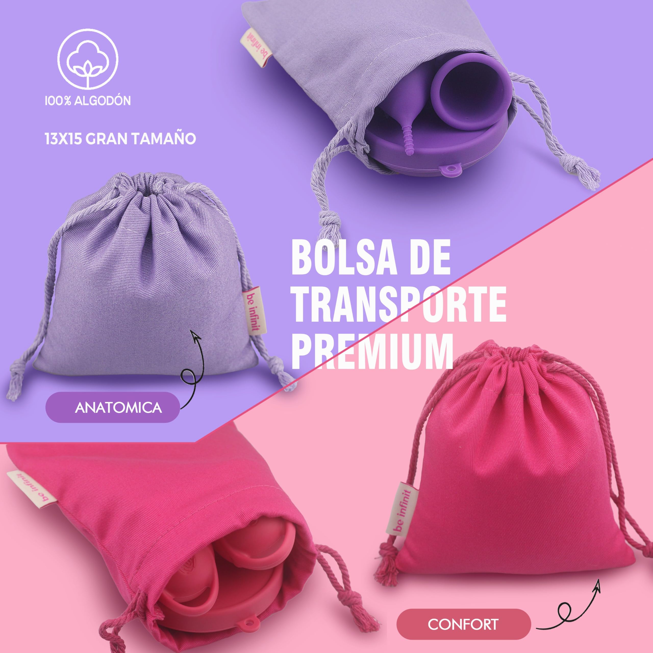 Copa menstrual BE INFINIT un modelo para cada estilo-tus días relajados-tus días de exigencias, Ideal deportistas-2 copas+vaso esterilizador+bolsa portable-2 modelos-SILICONA GRADO MEDICO-CONFORT S