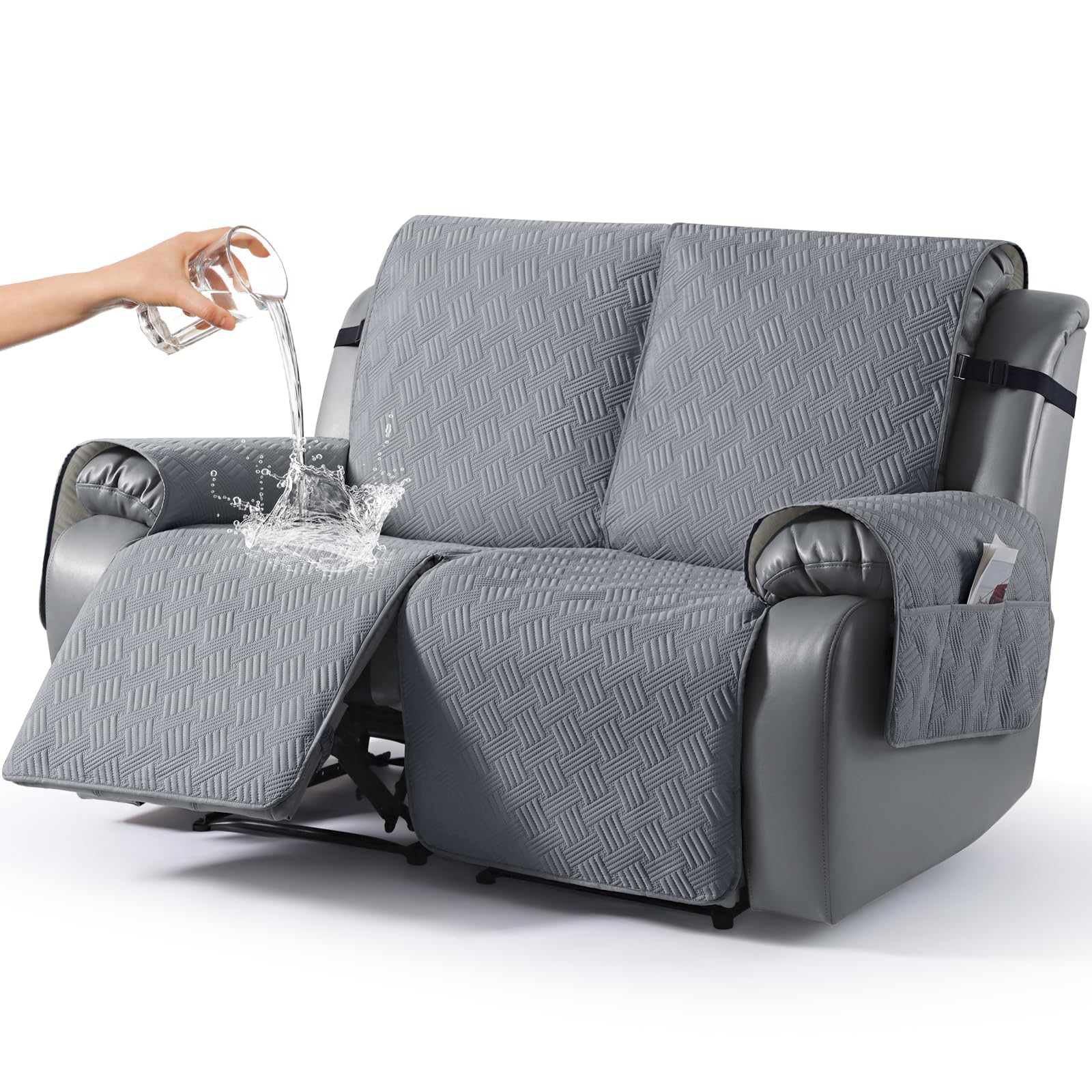 KinCam Waterproof Recliner Chair Cover, Armchair Slipcover with Elastic Straps & Side Pocket, Anti Slip Couch Cover Sofa Protector for Dogs & Pets, Washable Armchair Cover 2 Seater, Dark Grey