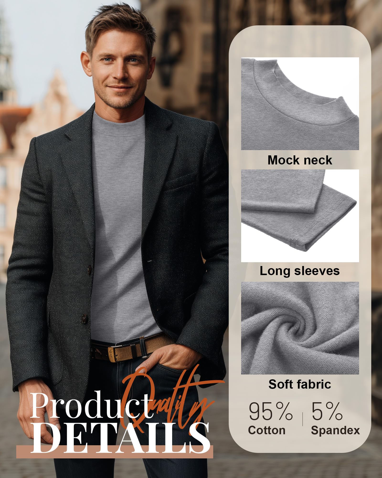Neer Lot de 4 chemises à col montant pour homme, manches longues, col roulé, coupe ajustée, t-shirts décontractés, légers et basiques