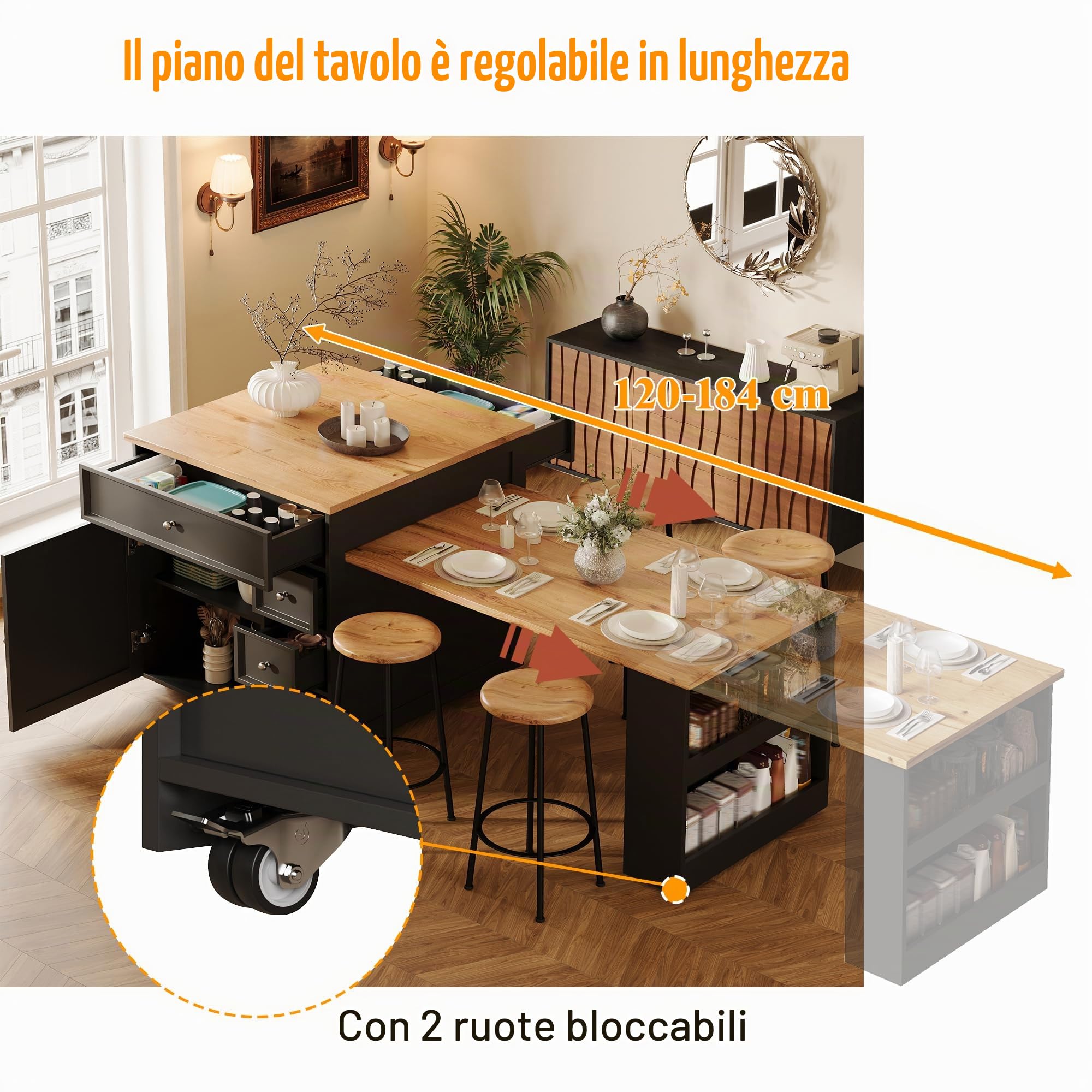 Isola Cucina allungabile (120-184 cm) con cassetti e rotelle, Isola Cucina Mobile con Piano Effetto Legno, Versatile Isola da Cucina per Cucina, Sala da Pranzo e Bar, Nera