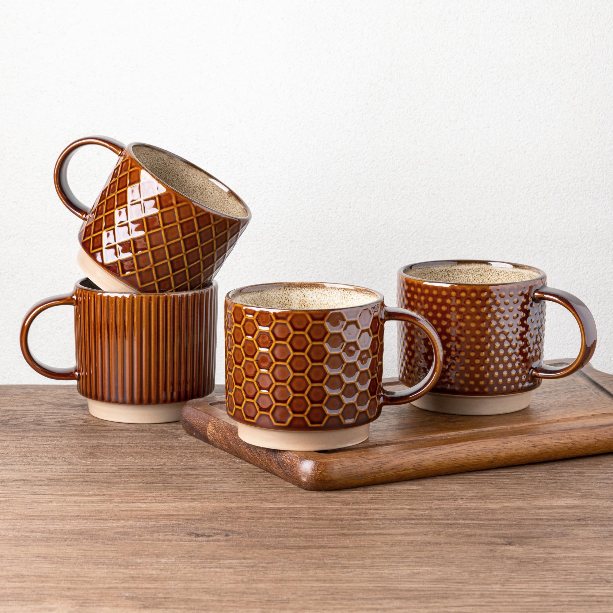 GBhome Set of 4 Stackable Ceramic Coffee Mugs 480ml - Textured Modern Cups for Tea/Latte/Cappuccino, Dishwasher & Microwave Safe, Gift for Men/Women
