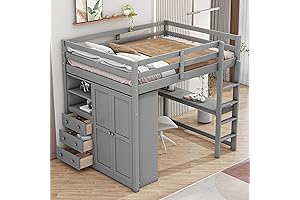 Sturdy and Space-Saving Wooden Loft Bed Full Size with Desk and Wardrobe