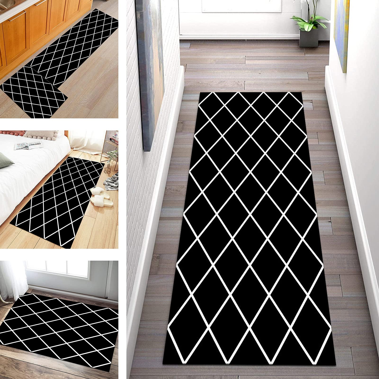 Tapijtloper vloerkleed loper Zwart, hal keuken antislip, per meter, vintage keukenloper, Modern geometrisch runner tapijt 60cm/ 70cm/ 80cm/ 90cm/ 100cm breed (Color : A, Size : 60x300cm